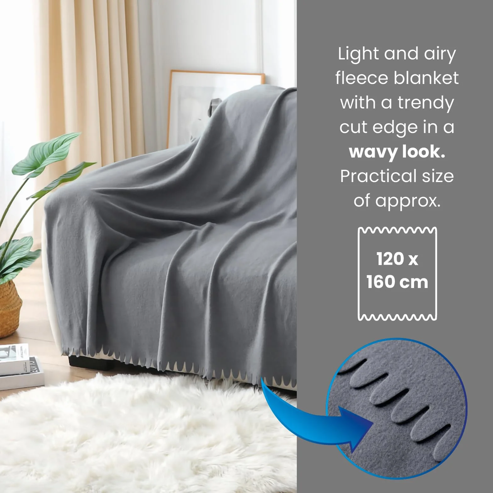 wometo Wave koc polarowy 120 x 160 cm – Öko-Tex ok. 300 g, miękki koc polarowy z falistym brzegiem, niemechacący się, szary