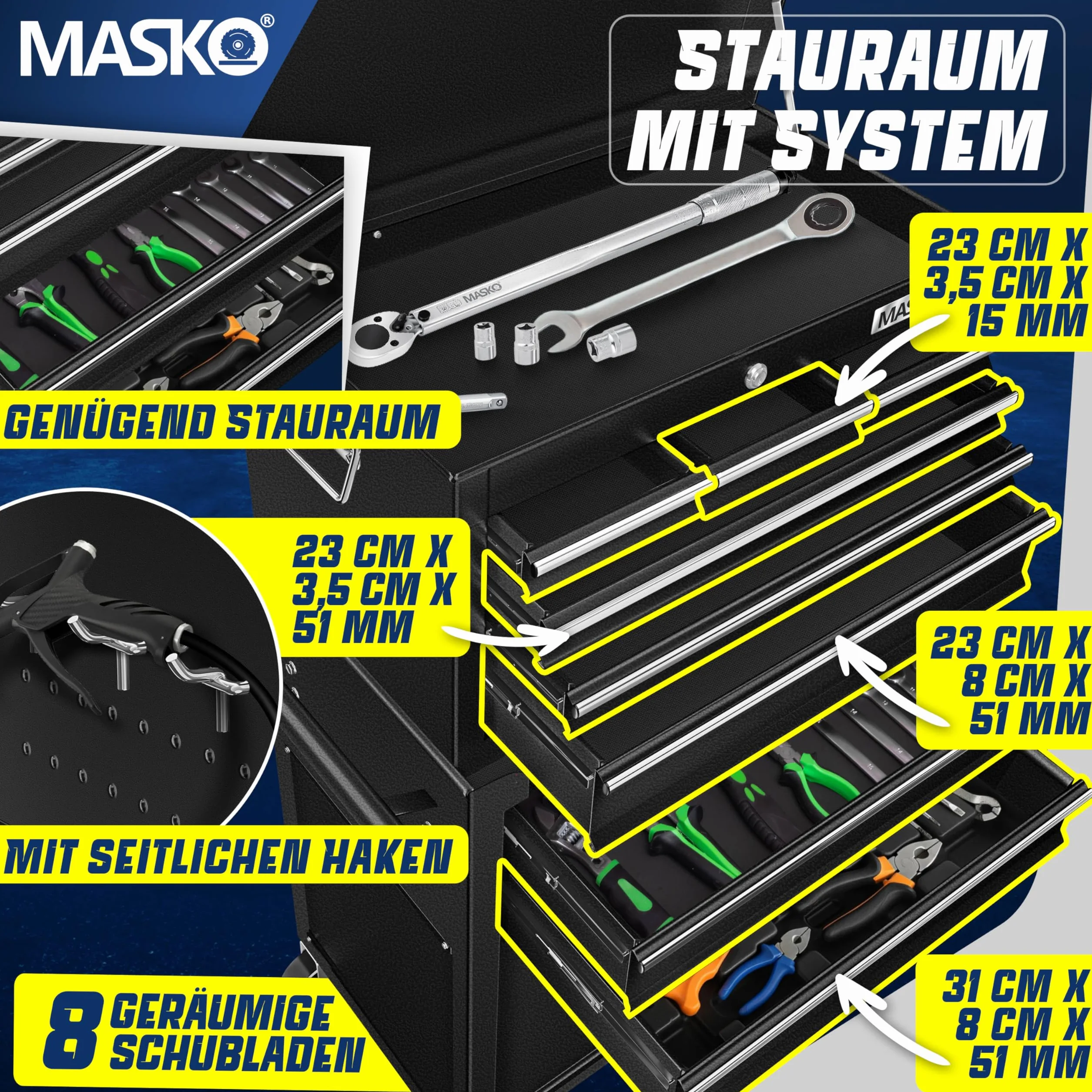 MASKO Wózek warsztatowy z walizką 9 przegródek zamykany metal czarny
