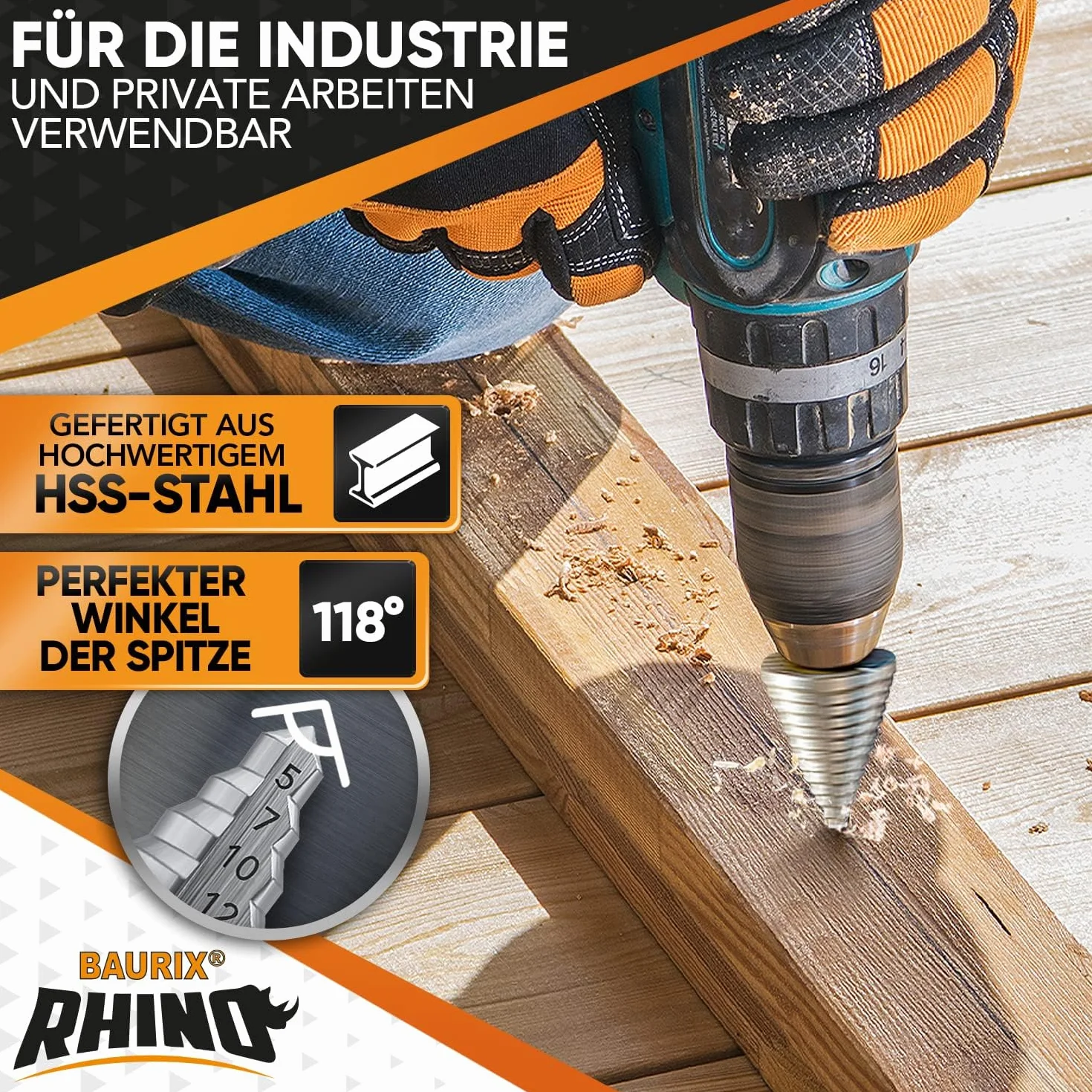 BAURIX® Wiertło stopniowe HSS RHINO® [Ø 5-35mm] - 10 mm trzonek trójkątny - Tokarka do metalu, drewna i tworzyw sztucznych (nie do stali nierdzewnej) - 13-stopniowe wiertło - Stożkowa końcówka