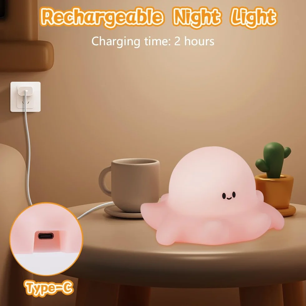 Ainiv Lampka nocna z ośmiornicą, urocza silikonowa ośmiornica dla dzieci, lampka nocna ładowana przez USB, 3 poziomy jasności, timer 30 minut, przenośna lampka nocna do pokoju dziecięcego, sypialni