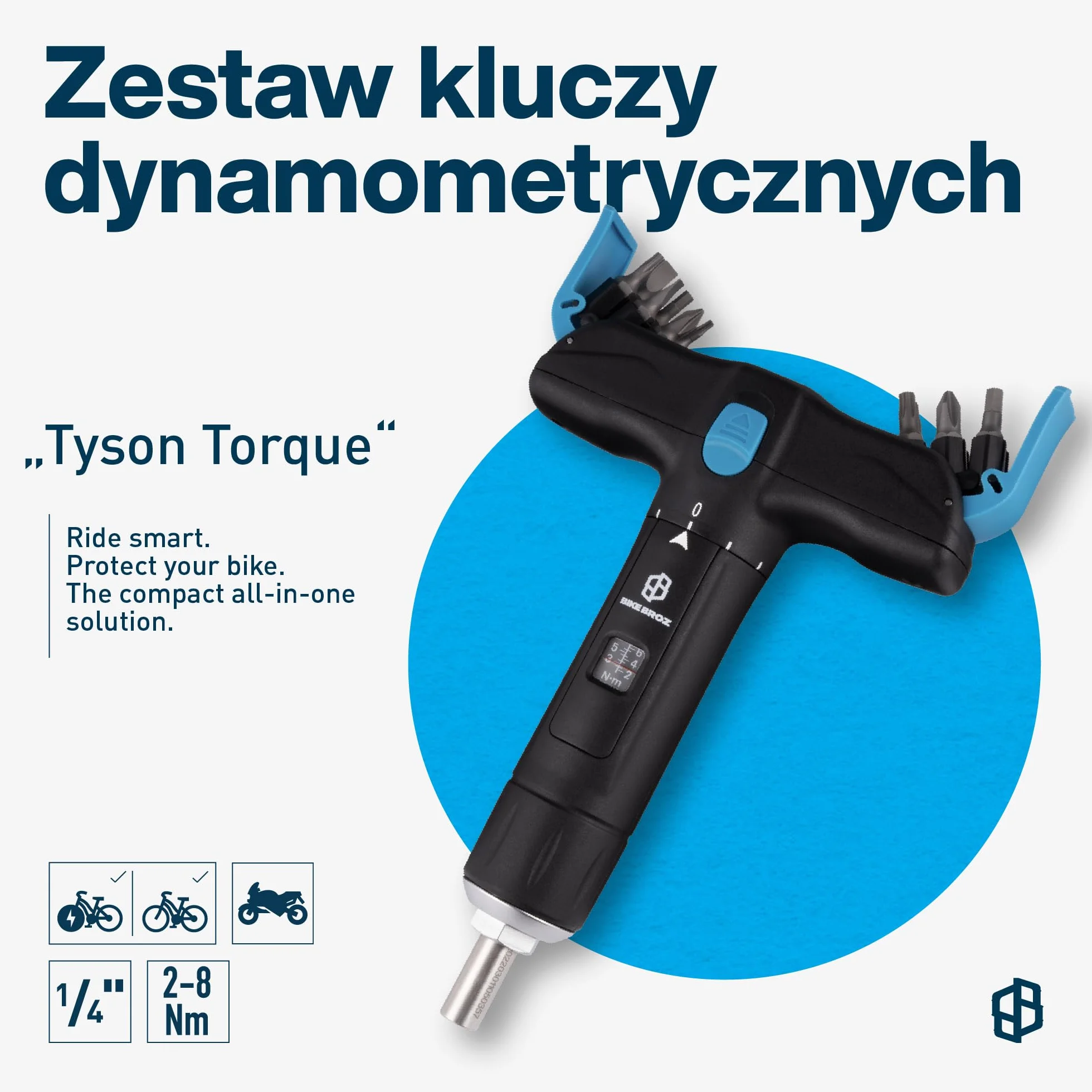 Tyson T by Tyson T by 1/4" klucz dynamometryczny do roweru, motocykla itd. 2-8 Nm | mały śrubokręt dynamometryczny z zestawem bitów krzyżowych, płaskich, torx i sześciokątnych w uchwycie T