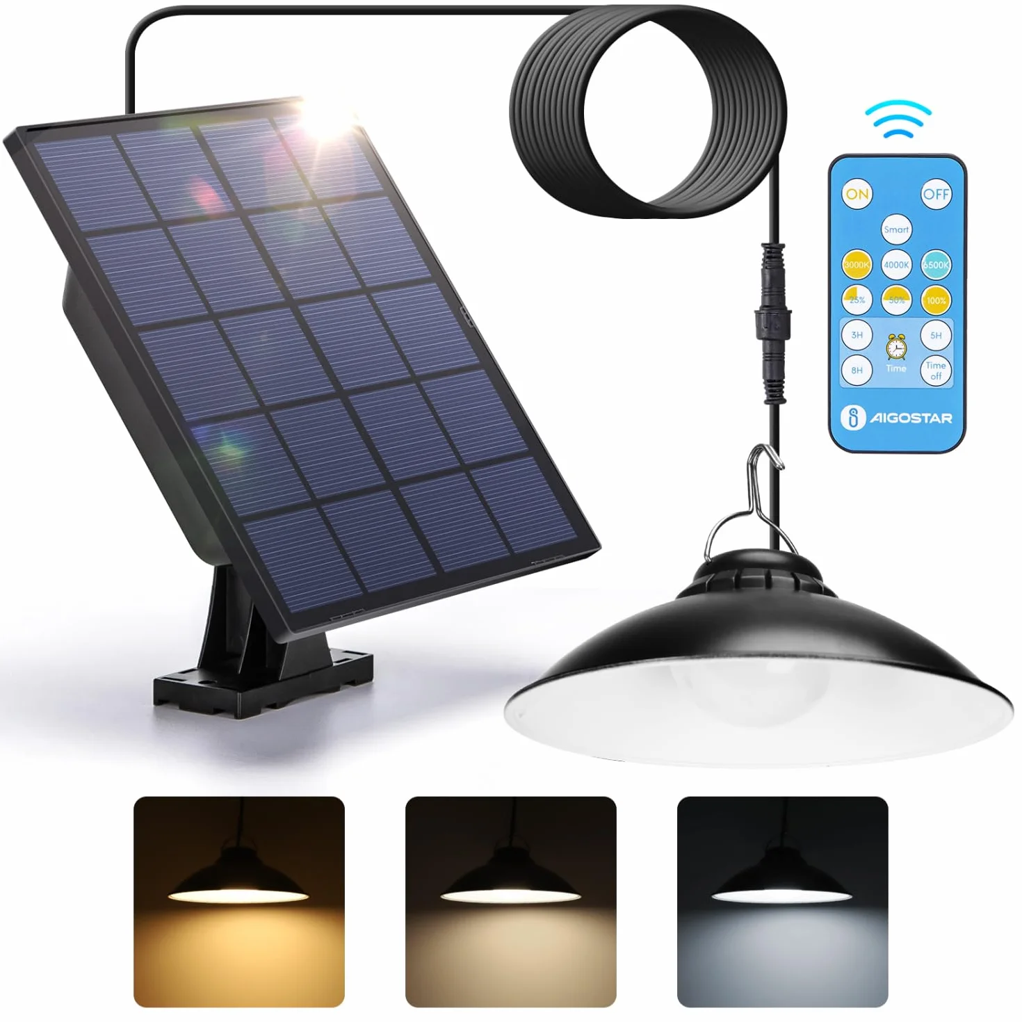 Aigostar Lampa Wisząca na Energię Słoneczną， Lampa Solarna na Zewnątrz z Pilotem, Timerem， Duża Pojemność Baterii i IP65 Wodoodporna, Kablem 3M