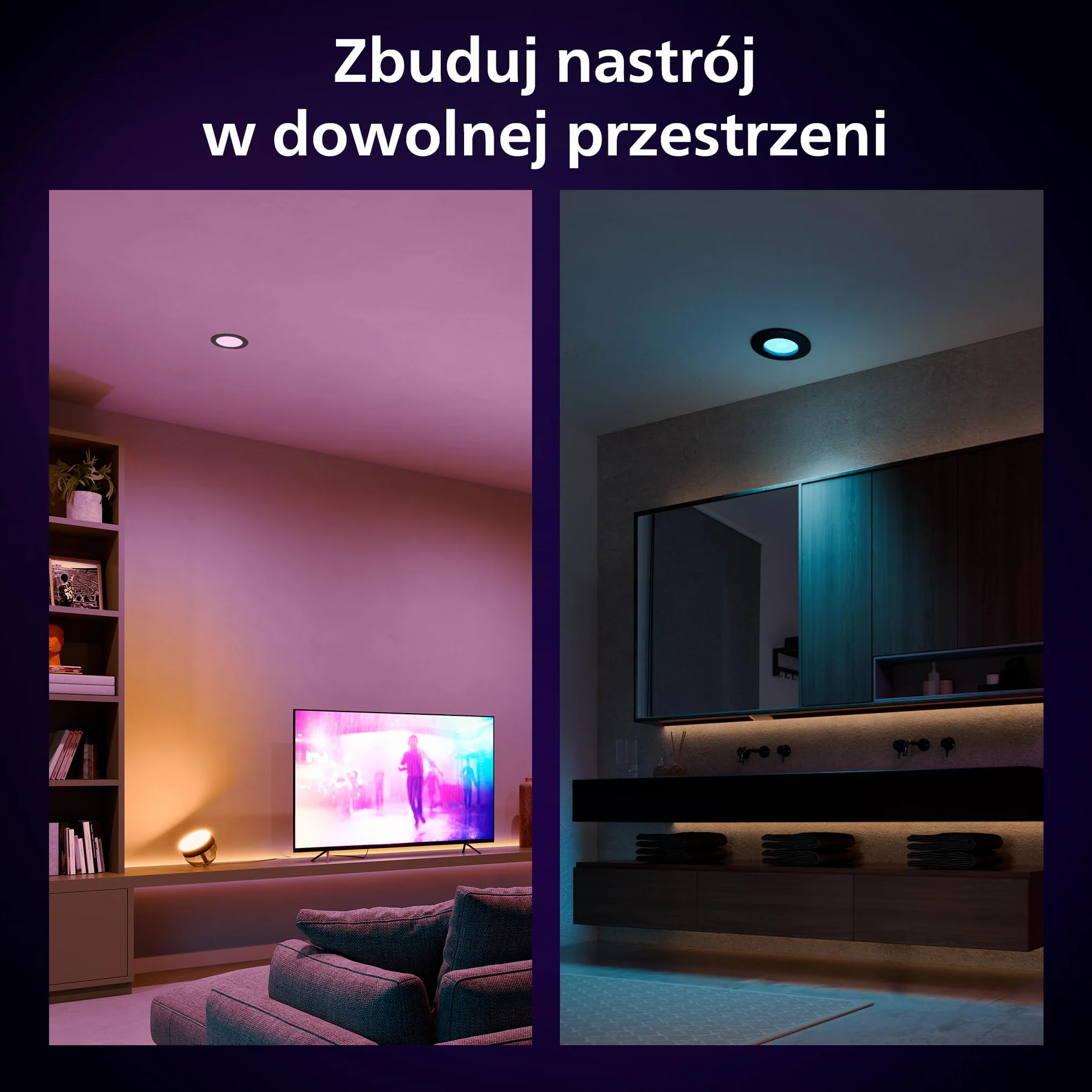 Philips Hue Smart Slim Oświetlenie do Wbudowania, 90 mm, Białe i Kolorowe Światło, Kompatybilne z Bluetooth, Kolor Czarny