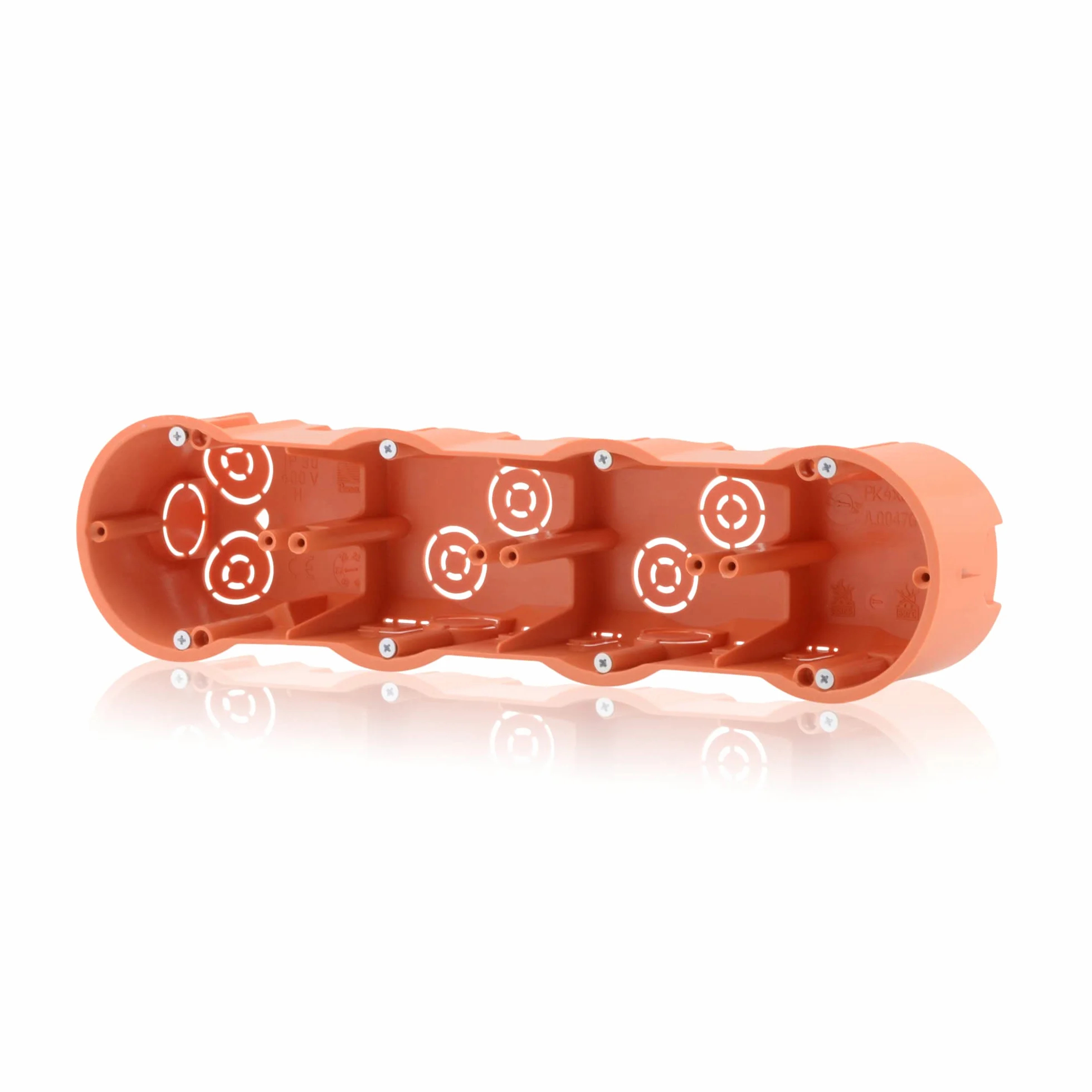 Puszka podtynkowa, 4 gniazda, głęboka puszka łącząca, średnica 68 mm, wysokość 60 mm, pomarańczowa, IP30, 650°C, do montażu urządzeń, bez śrub
