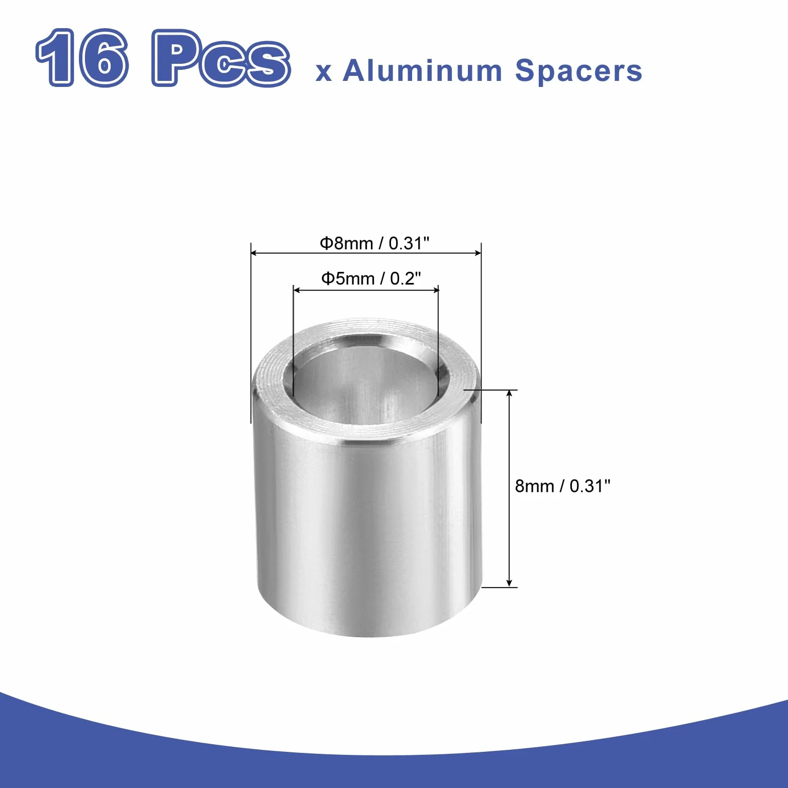 QUARKZMAN 16 szt. aluminiowych elementów dystansowych, 5 mm ID x 8 mm OD x 8 mm długość gładka przekładka bez gwintu gładkie wykończenie okrągły metal, gładka przekładka bez gwintu do śrub M5
