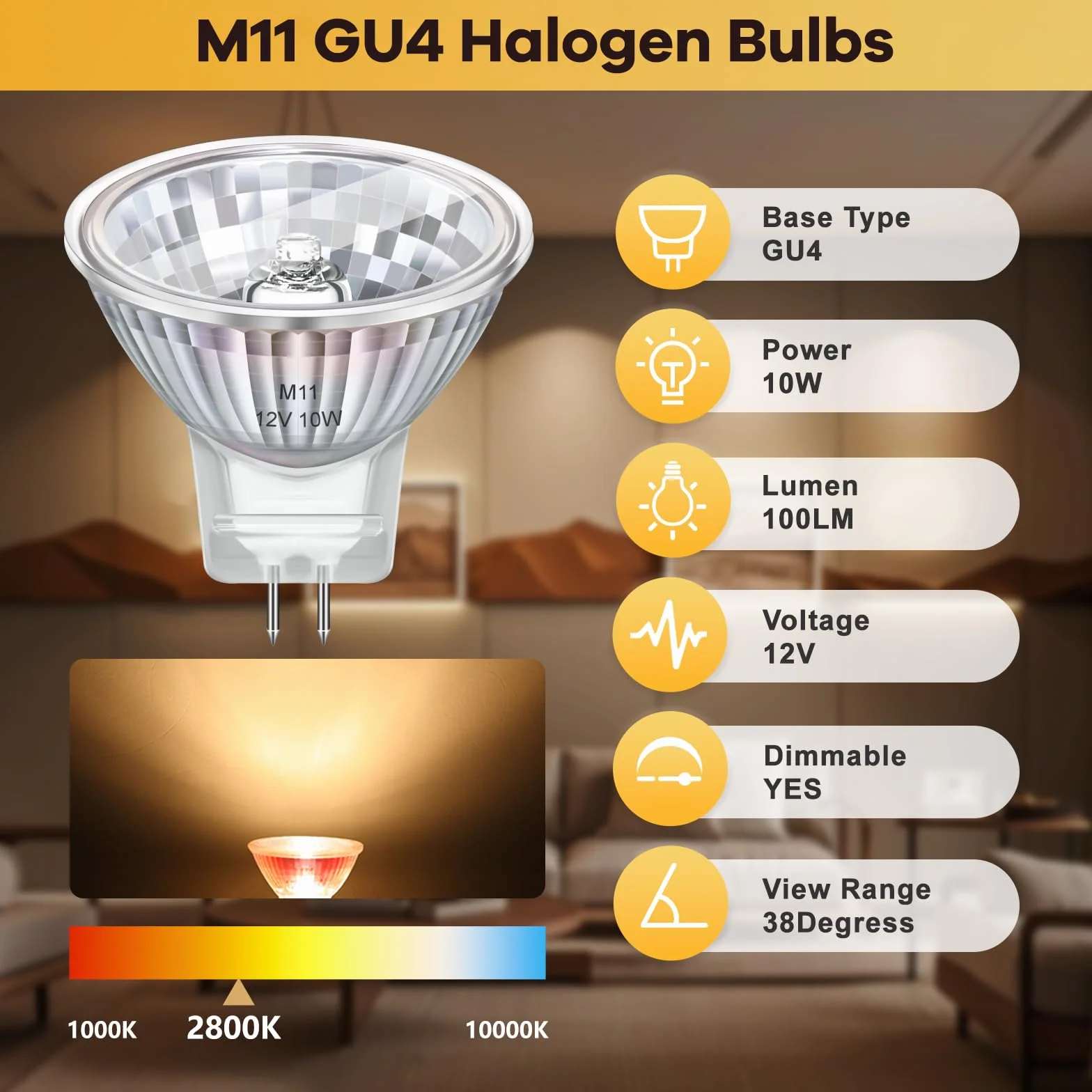 MR11 GU4 żarówka reflektorowa 12 V 10 W, 35 mm x 35 mm, ściemniana lampa, ciepła biel 2800 K, 100 lm, podstawa dwubiegunowa GU4, kąt świecenia 38°, do oświetlenia korytarza