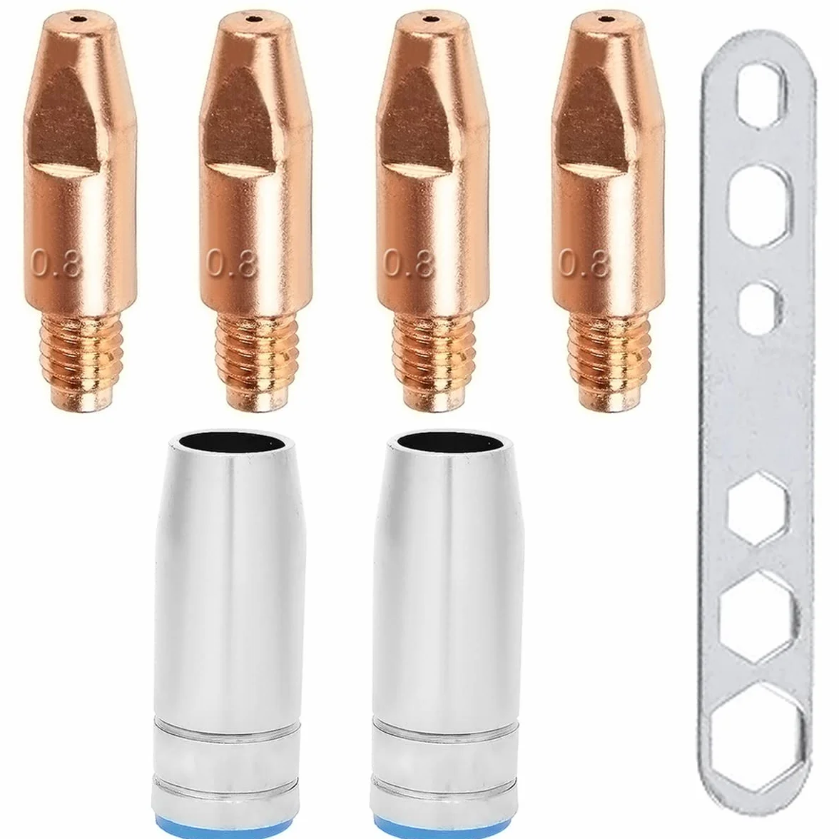 MB25 Końcówki spawalnicze 0,8 mm/0,030" M6x28mm do uchwytu palnika spawalniczego MB25 25AK MIG/MAG akcesoria eksploatacyjne z osłoną / dyszą gazową i kluczem (7 szt.)