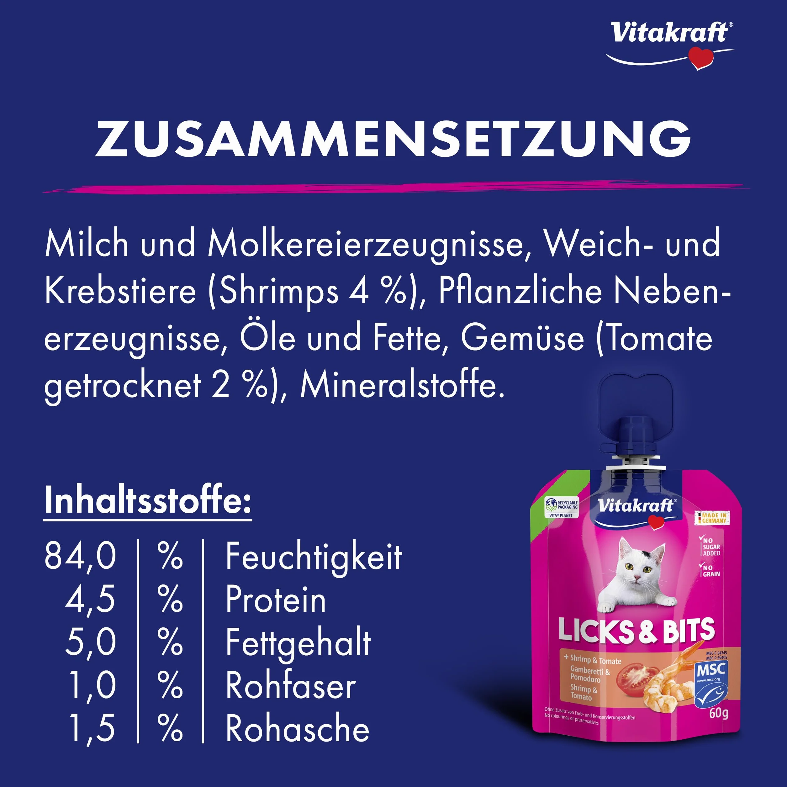 Vitakraft Licks & Bits, miękki krem z kawałkami w formacie zgniatania, z krewetkami i pomidorami, możliwość ponownego zamknięcia, bez dodatku cukru (1 x 60 g)