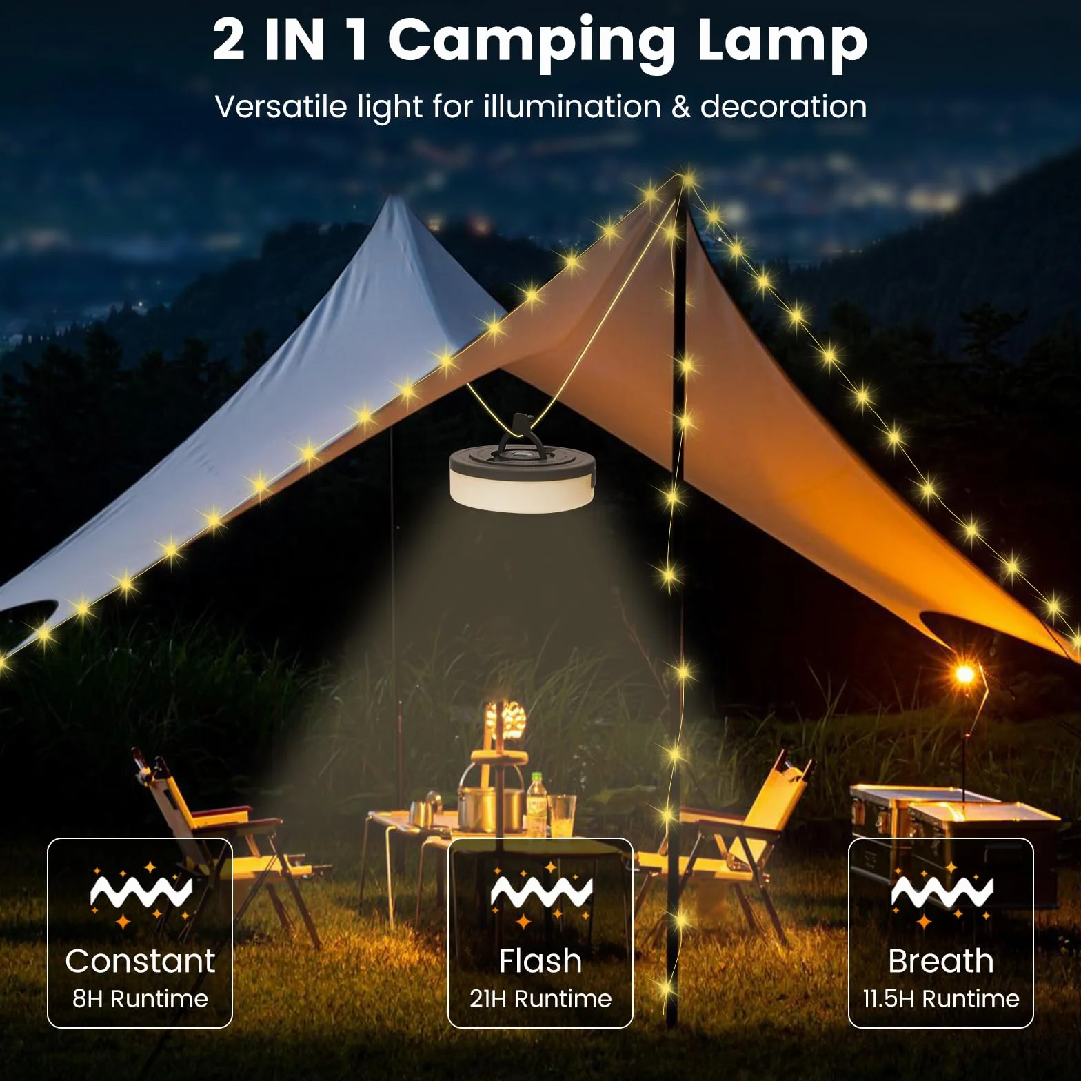 Yizhet Łańcuch światła kempingowego, 10 metrowy sznur kempingowego Akumulator USB IPX4 Wodoodporna lampa kempingowa do domu, ogrodu i podwórka, ciepłe białe