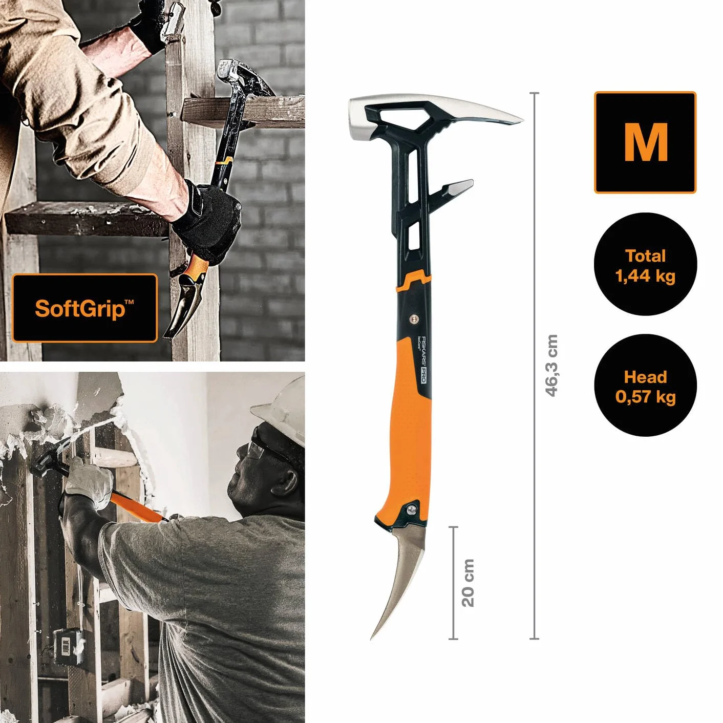 Fiskars Narzędzie do wyburzania IsoCore M, Długość: 46,2 cm, Waga: 1,38 kg, Czarny/ pomarańczowy, 1027220