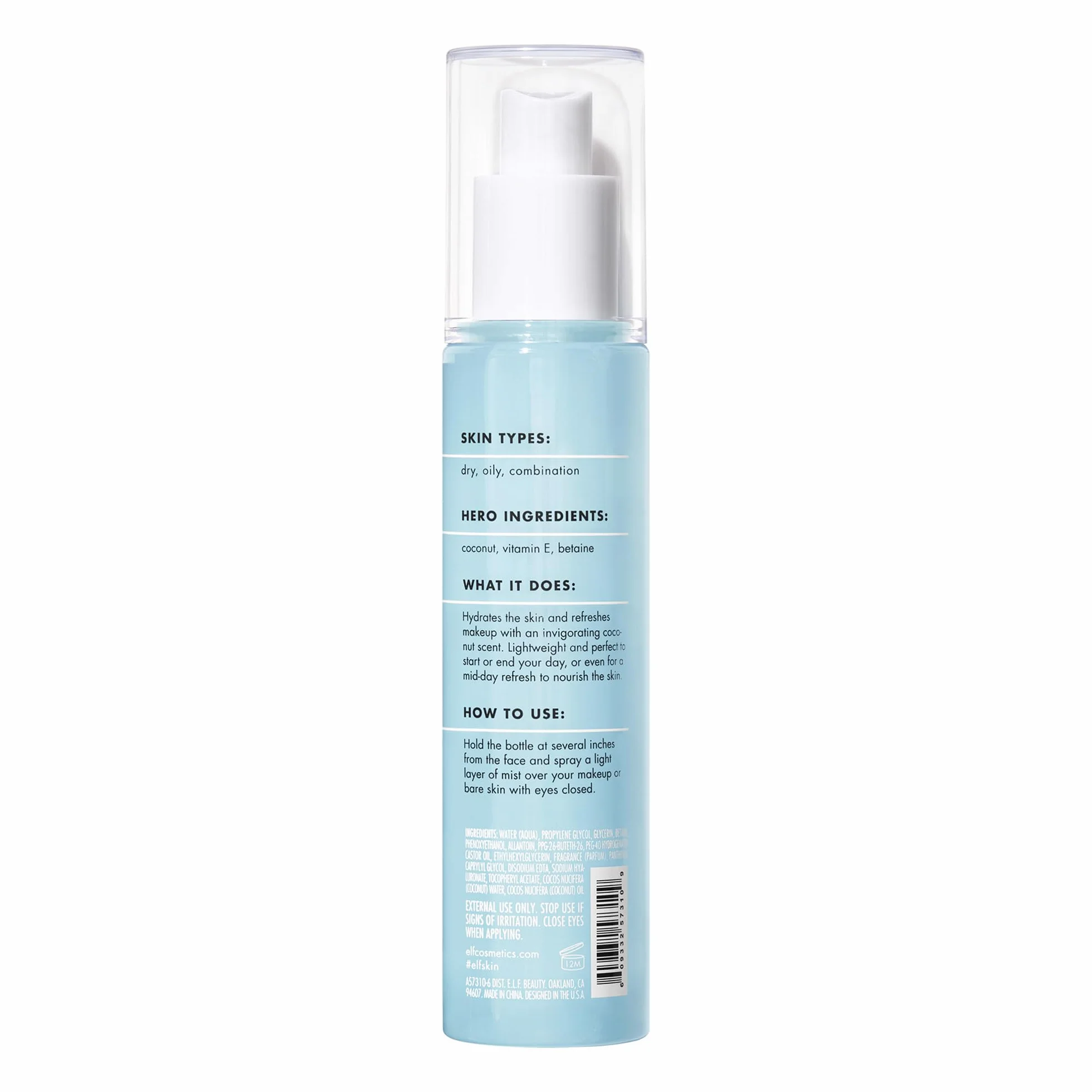 e.l.f. Idratante Nebbia di Cocco, Rinfresca, Lenisce e Rigora la pelle, Profumo Tropicale, 2,7 Fl Oz (80 ml)