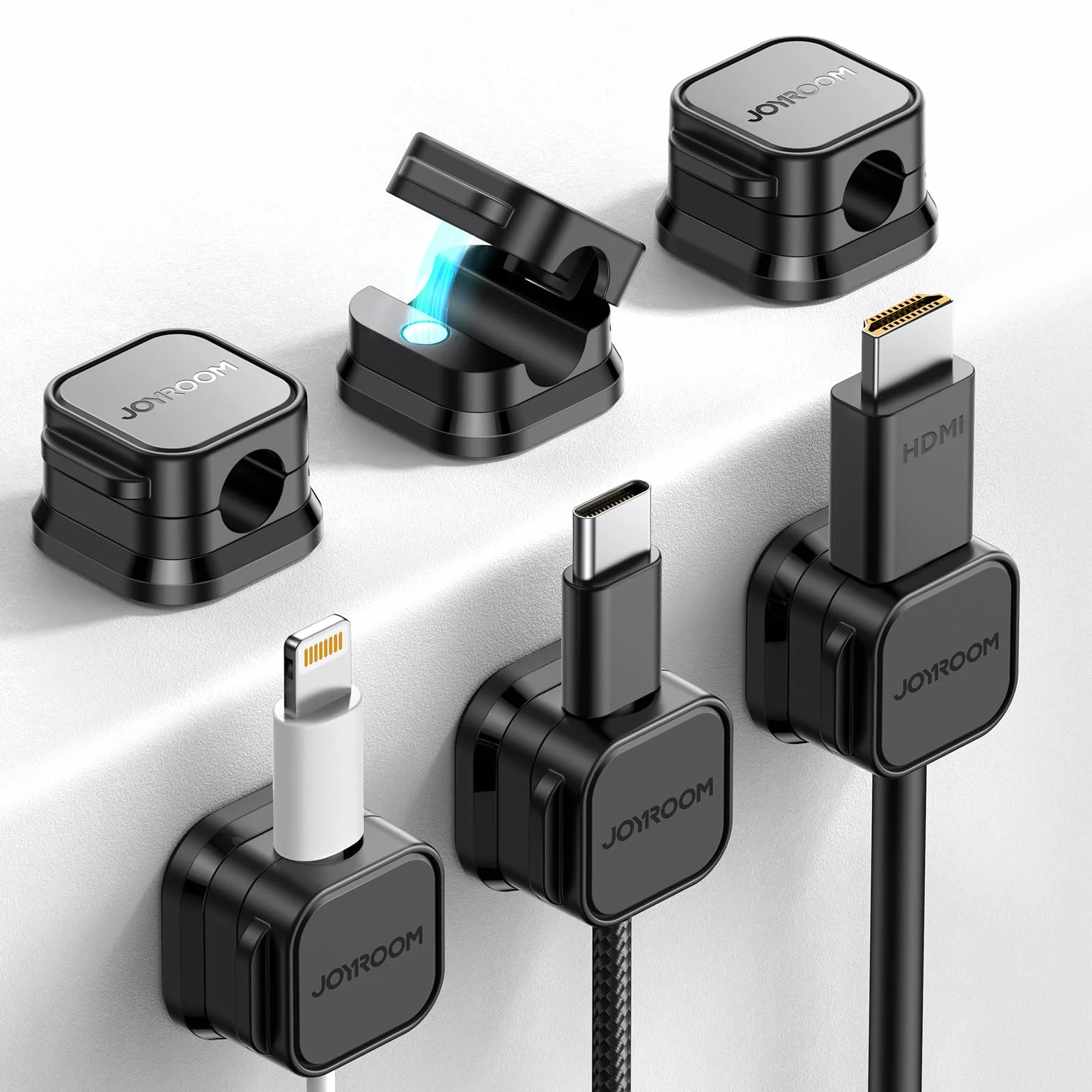 JOYROOM 6 Sztuk Klipsów Do Porządkowania Kabli Regulowany Organizer Do Przewodów Magnetyczny Uchwyt Samoprzylepny Do Biurka, Szafki Nocnej, Kabli Ładujących, HDMI, USB, Kabli Audio, Biura, Domu, Czarn