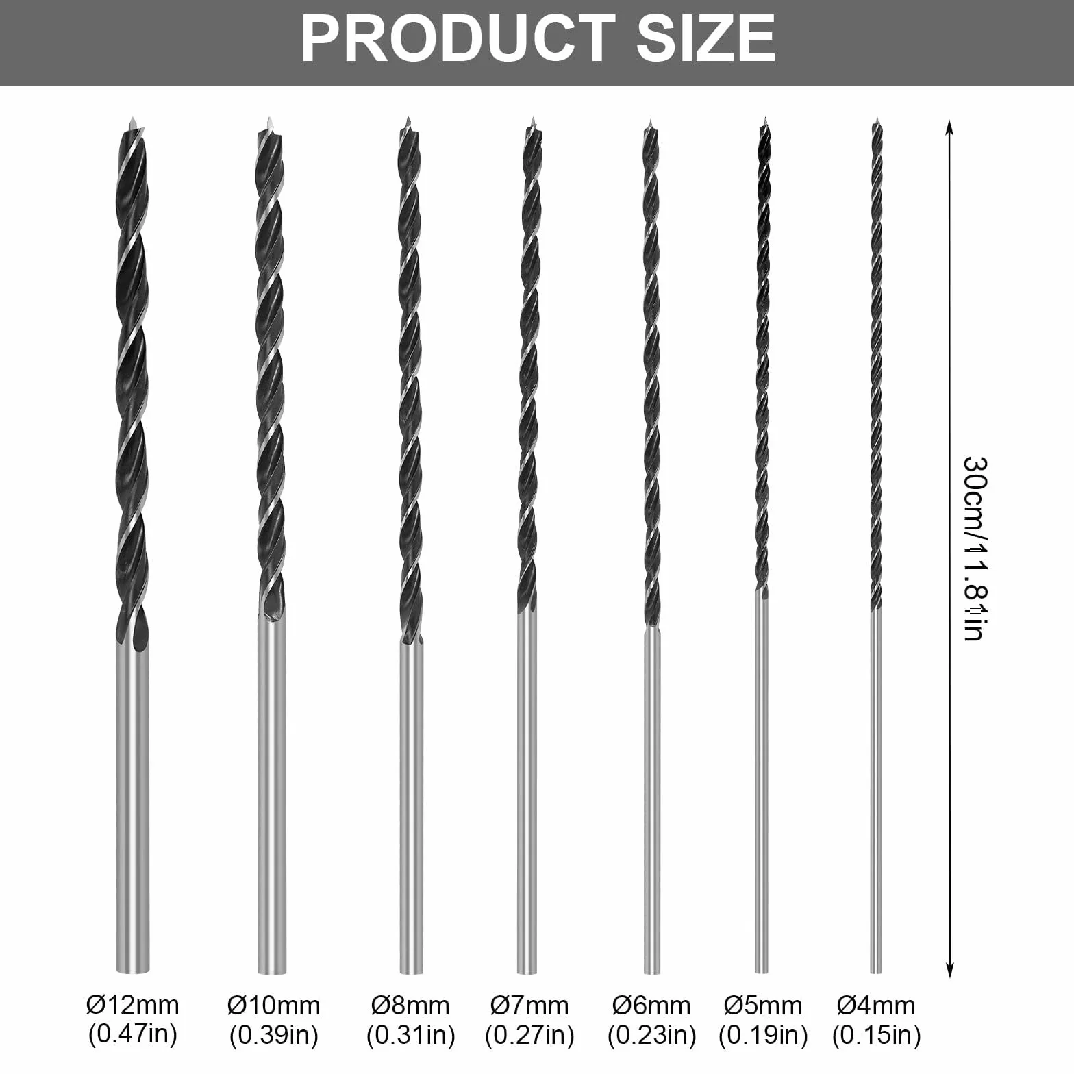 Zestaw wierteł do drewna, 7-częściowy zestaw wierteł wężowych 4, 5, 6, 7, 8, 10, 12 mm x 300 mm, wiertła belkowe, długie wiertła do szalunku, długie wiertła do drewna, do drewna twardego, sklejki