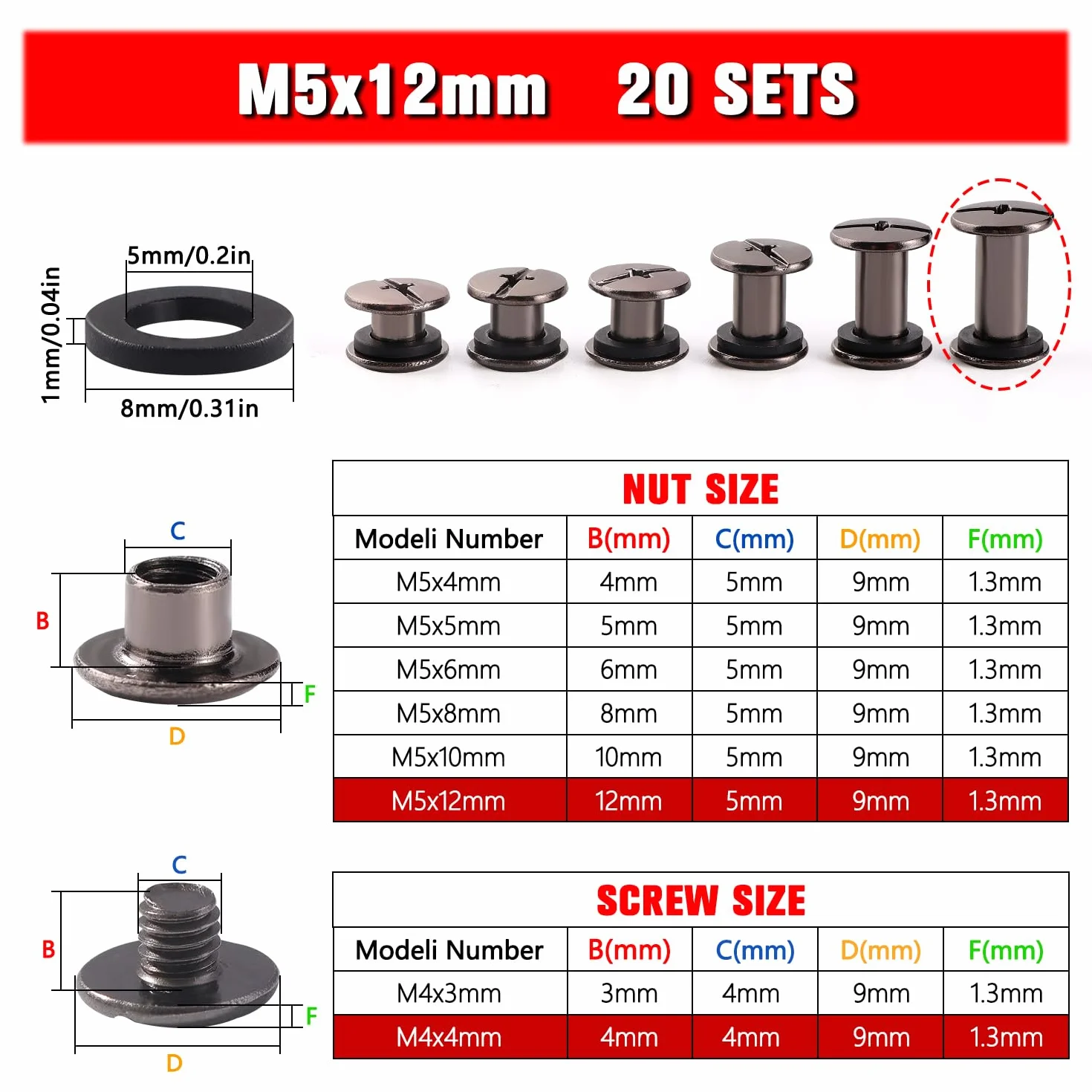 YIXISI 20 Zestaw M5x12mm Zestaw Śrub do Oprawy Chicago, Zestaw Śrub do Oprawy Książek, Śruby do Oprawy Chicago, do Dekoracji Skóry, Czarny Nikiel