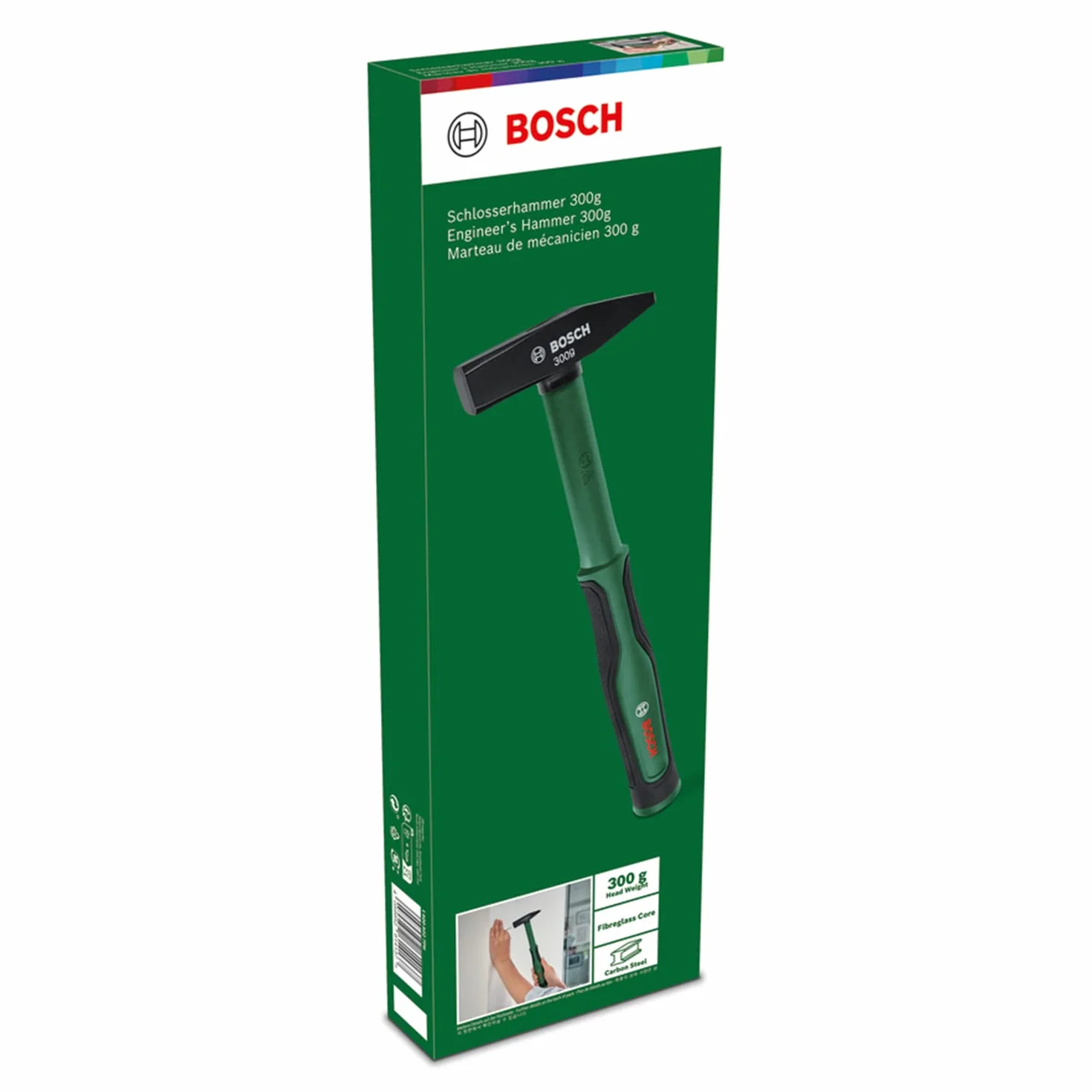 Bosch Młotek inżynierski 300 g (komfortowy trzonek z miękką okładziną Softgrip i rdzeniem z włókna szklanego, wytrzymała stal wysokowęglowa, płynność i siła uderzeń, niski poziom drgań)