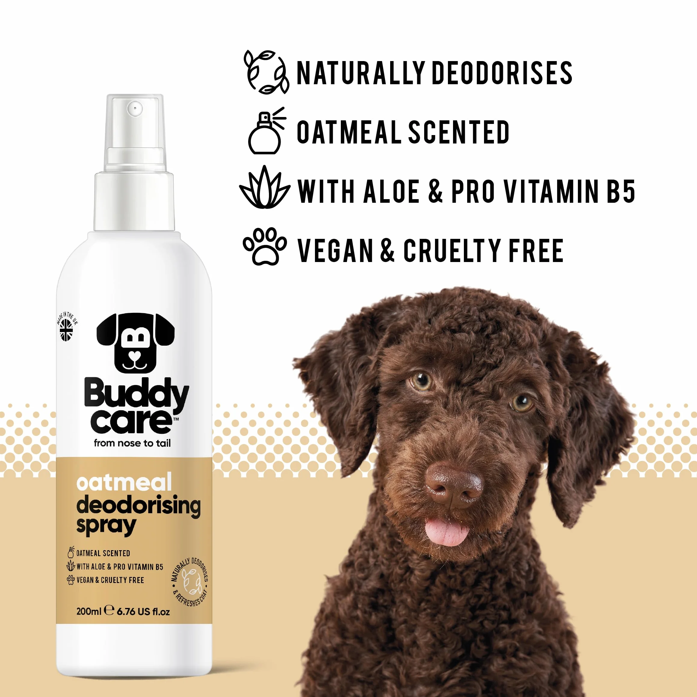 Buddycare Dezodorant w sprayu dla psów - mąka owsiana - środek uspokajający dezodorant dla psów - z aloesem i prowitaminą B5, 200 ml (opakowanie 1 szt.)