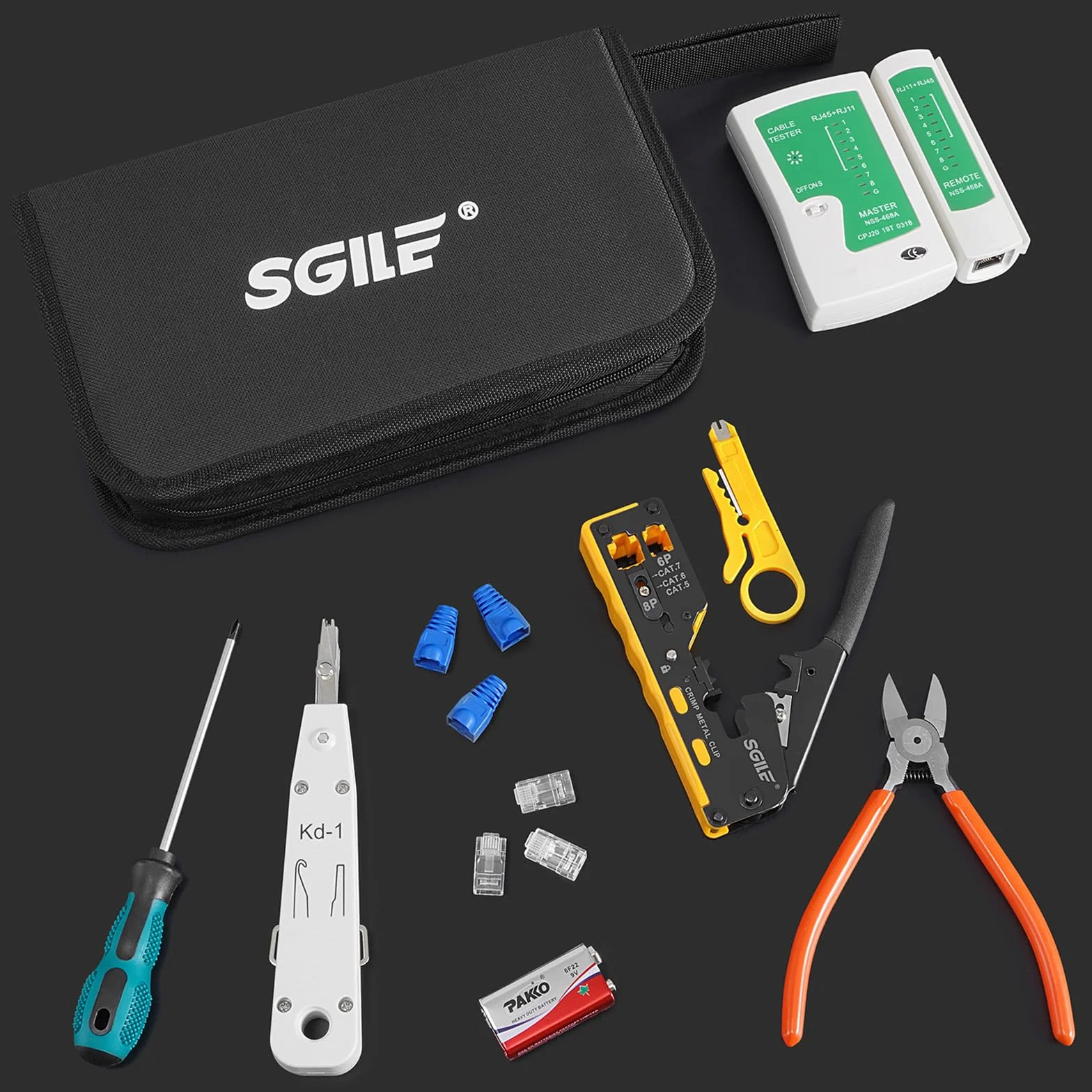 SGILE Zestaw Narzędzi do Zaciskania RJ45, Wielofunkcyjna Zintegrowana Maszyna Cat5 Cat6 Cat7, Zestaw do Testowania Kabli LAN Konserwacji Komputera, Kompletny Narzędzi Konserwacji Sieci
