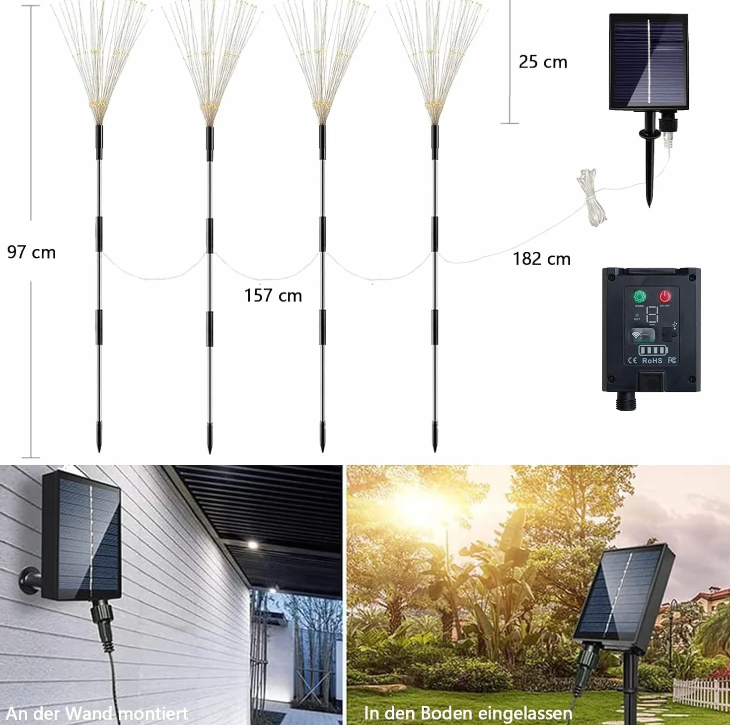 Sunlisky Lampy solarne do użytku na zewnątrz, oświetlenie bożonarodzeniowe, do ogrodu, na zewnątrz, 4 sztuki, 480 LED z 17 przyciskami, pilot zdalnego sterowania, IP65, dekoracja ogrodowa LED