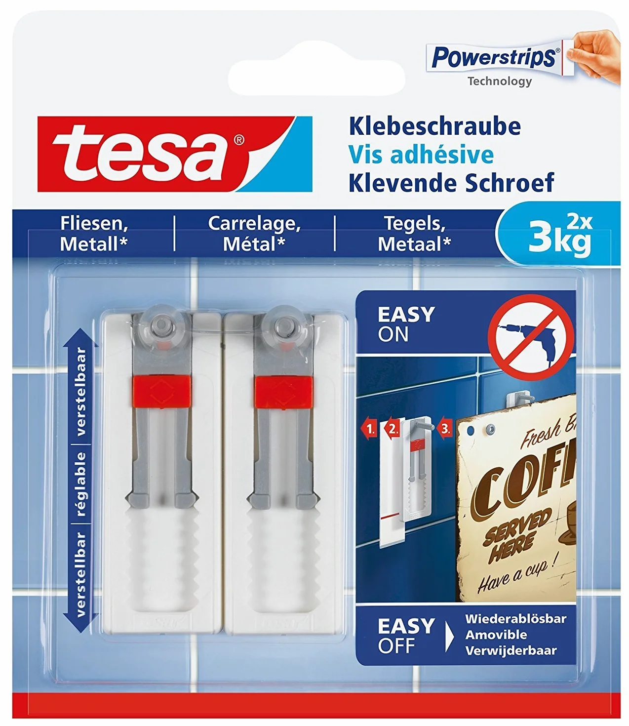 tesa® Regulowana samoprzylepna śruba do płytek i metalu, zdejmowana bez pozostawiania śladów