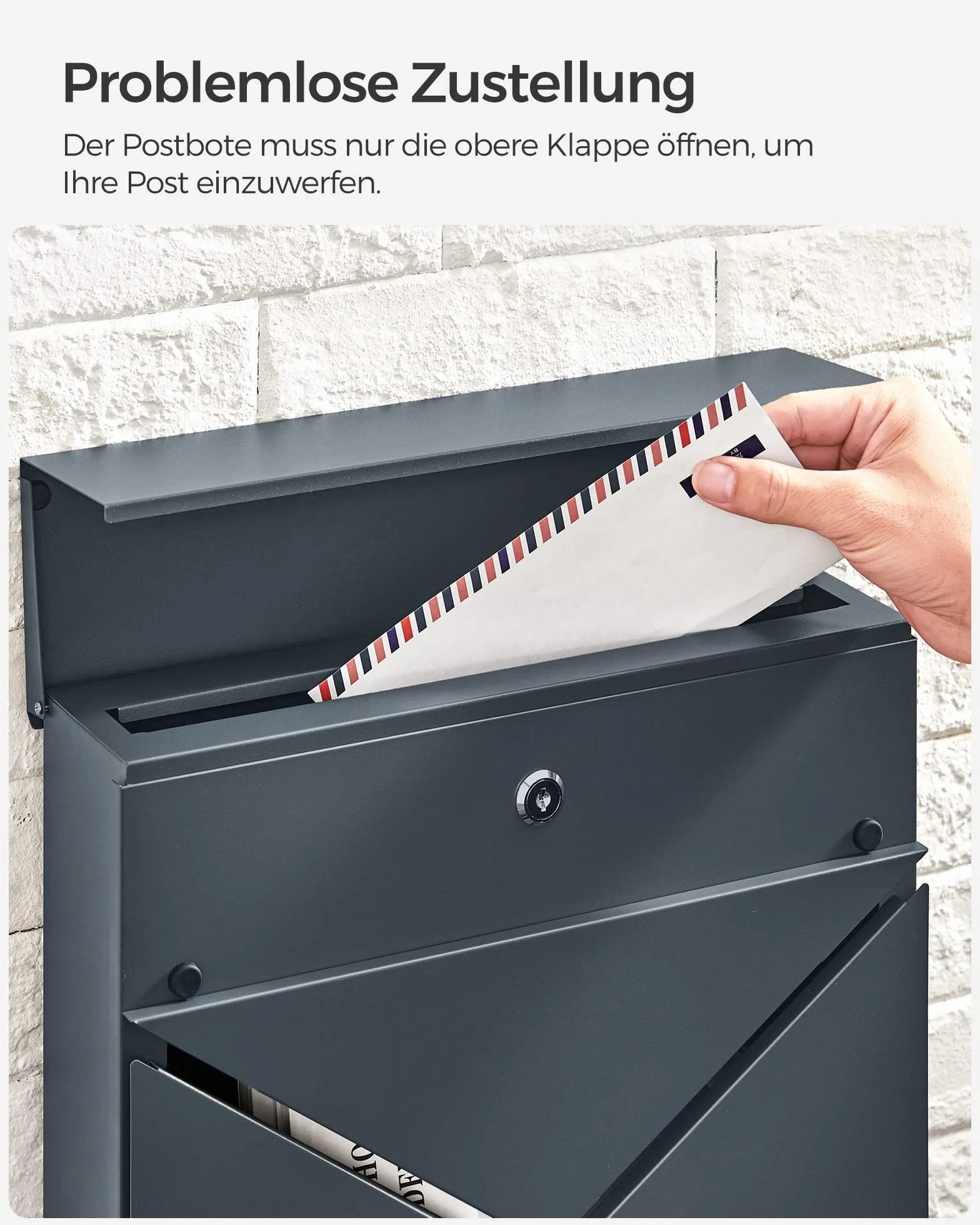 SONGMICS Skrzynka na listy, wizjer w kształcie litery V, ścienna skrzynka na listy, z zamkiem i pokrywą, przegródka na gazety, łatwa w montażu, Antracyt GMB054G01