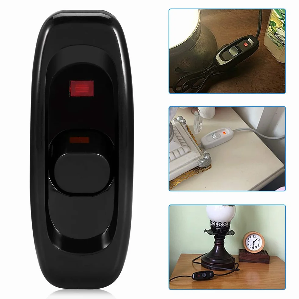 Przełącznik kablowy AC 250 V 10 A Inline ON/OFF przełącznik stołowy lampka biurkowa przełącznik kablowy z lampką kontrolną LED, czarna, lustro, ścienna