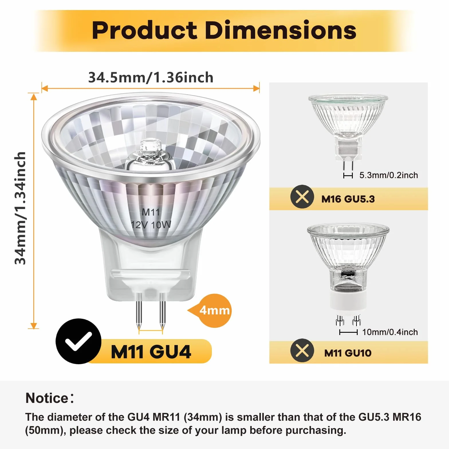 MR11 GU4 żarówka reflektorowa 12 V 10 W, 35 mm x 35 mm, ściemniana lampa, ciepła biel 2800 K, 100 lm, podstawa dwubiegunowa GU4, kąt świecenia 38°, do oświetlenia korytarza