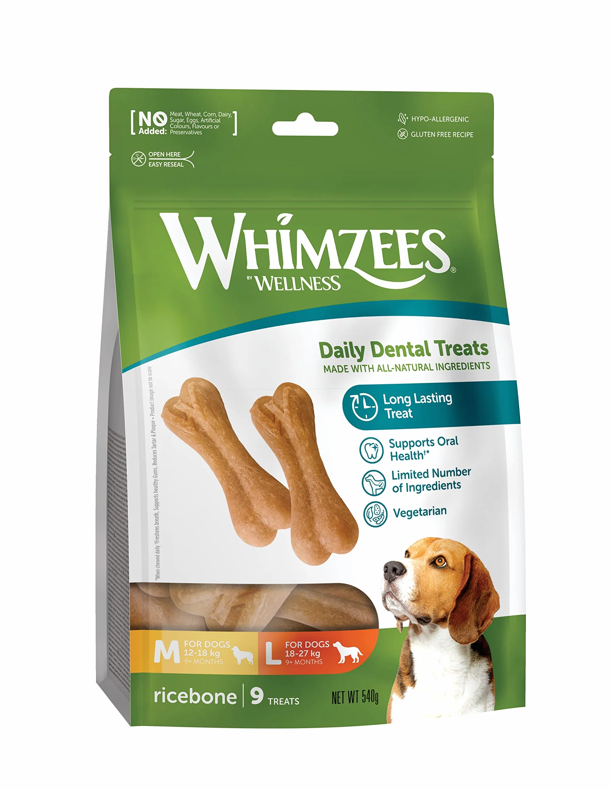 WHIMZEES Kość Ryżowa M/L 9 sztuk, Gryzaki Dentystyczne dla Średnich i Dużych Psów, Naturalne, Bezzbożowe