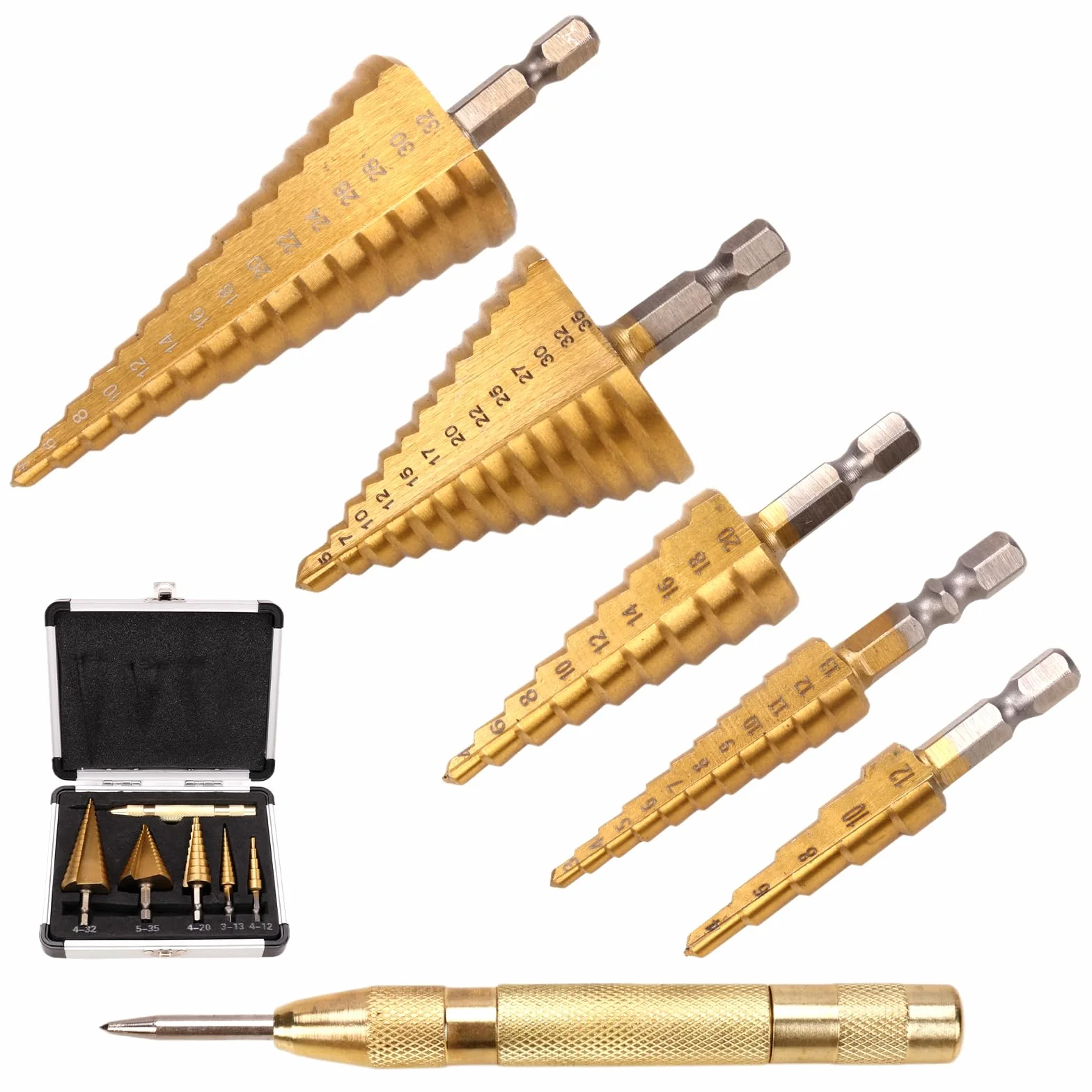 HSS zestaw wierteł stopniowych, 6 szt. z rowkiem spiralnym, 5-częściowy zestaw wierteł stożkowych (4-12 mm/3-13 mm/4-20 mm/4-32 mm/5-35 mm) i 1 automatyczny stempel centralny 13 cm, powlekane