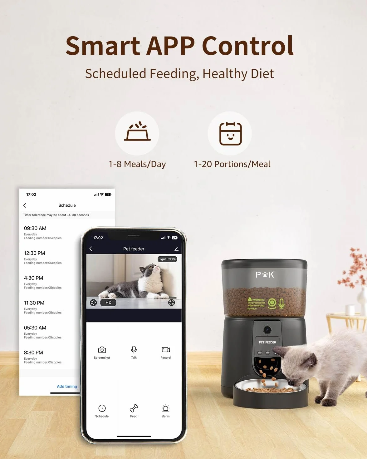 PUPPY KITTY Automatyczny dozownik karmy dla kota z kamerą 1080P, 2,4 G WiFi z aplikacją audio, noktowizor Miska ze stali nierdzewnej, 1–8 posiłków dziennie