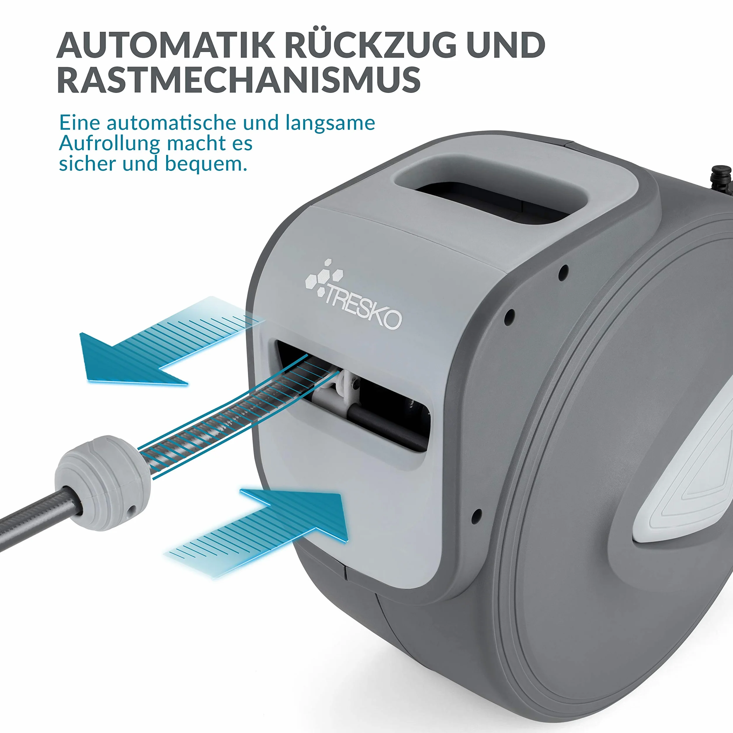TRESKO Wąż sprężonego powietrza, 30 m, automatyczne przyłącze 1/4", uchwyt na wąż ścienny, zwijacz węża, bęben na sprężone powietrze, szary