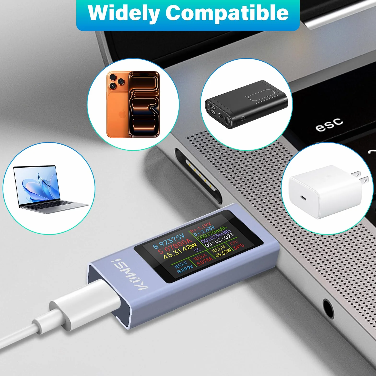 Tester USB C, 360 W, 4-30 V, 0-12 A, typ C, cyfrowy miernik mocy, wielofunkcyjny miernik napięcia, prądu, mocy, pojemności, temperatury CPU