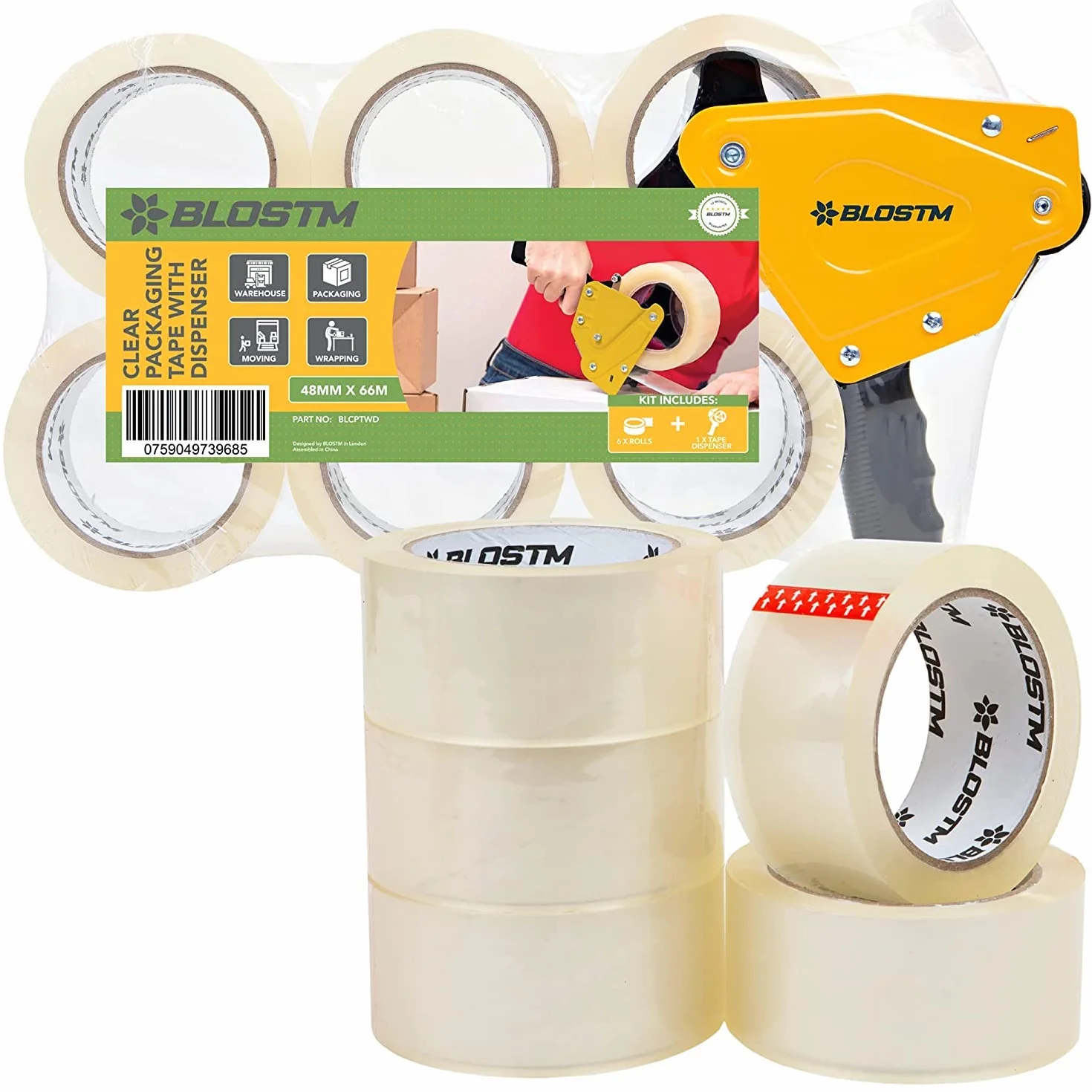 BLOSTM Dozownik taśmy i 6 rolek taśmy klejącej przezroczyste – 48 mm x 66 mm, taśma klejąca do pakowania, do przeprowadzki, uszczelniania pudełek na paczki