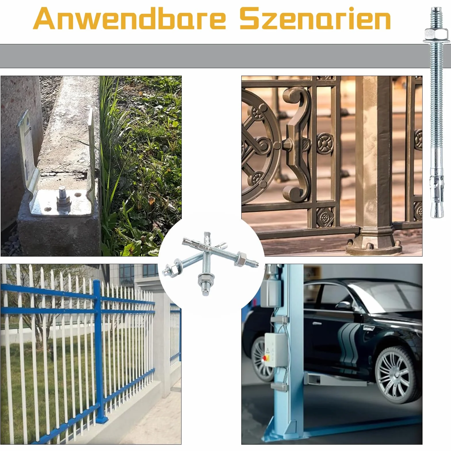 Kotwa śrubowa M10, do dużych obciążeń, metalowa, do dużych obciążeń M10, do betonu, ocynkowana, śruby kotwiące ze stali ocynkowanej, do balustrad, okien, ścian zasłonowych, belek, 10 sztuk, M10 x 150