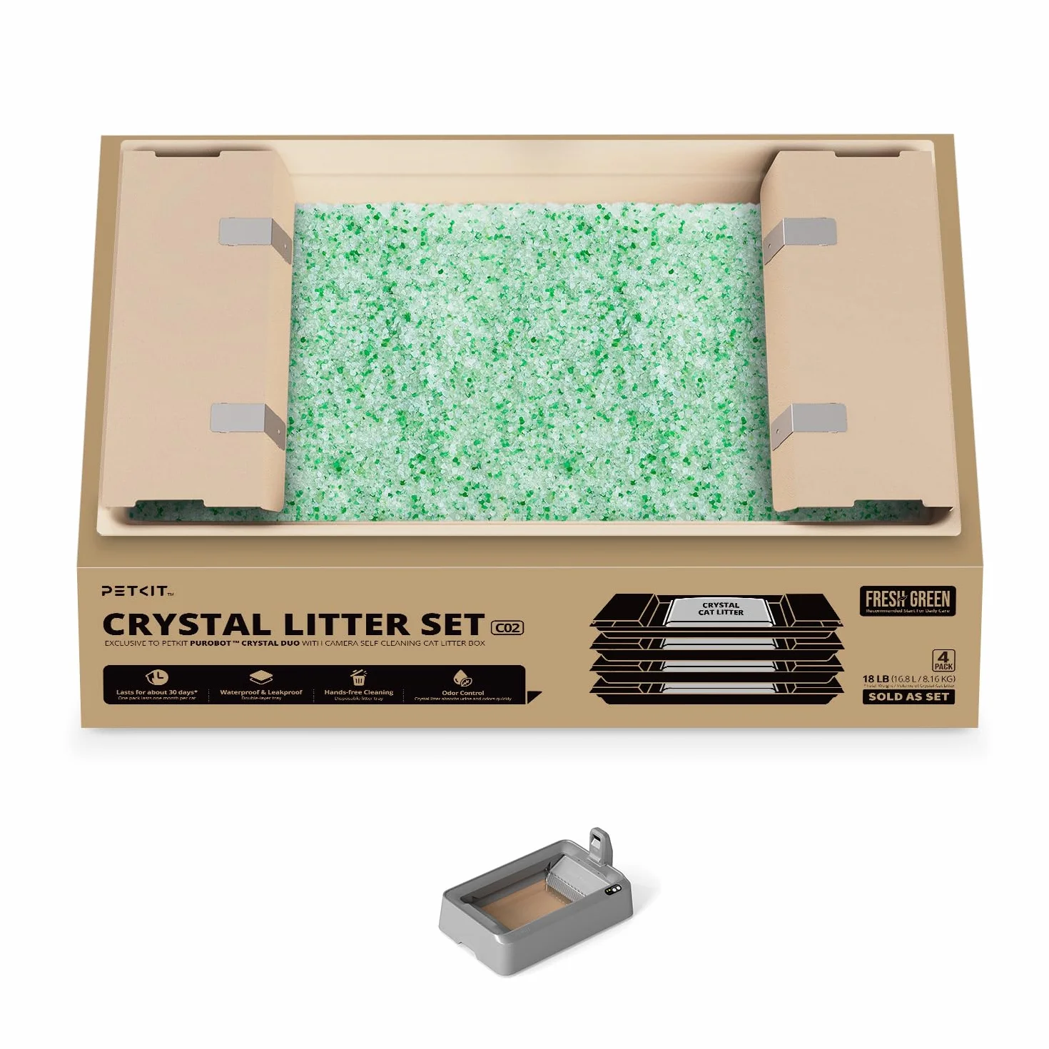 PETKIT Zestaw do Krystaliczny Żwirek dla Kotów, do PUROBOT CRYSTAL DUO Samoczyszcząca Kuweta dla Kotów, Podwójne Zbieranie Odpadów, Wymienna Tacka, Kontrola Zapachów, 4 Sztuki, Zielony