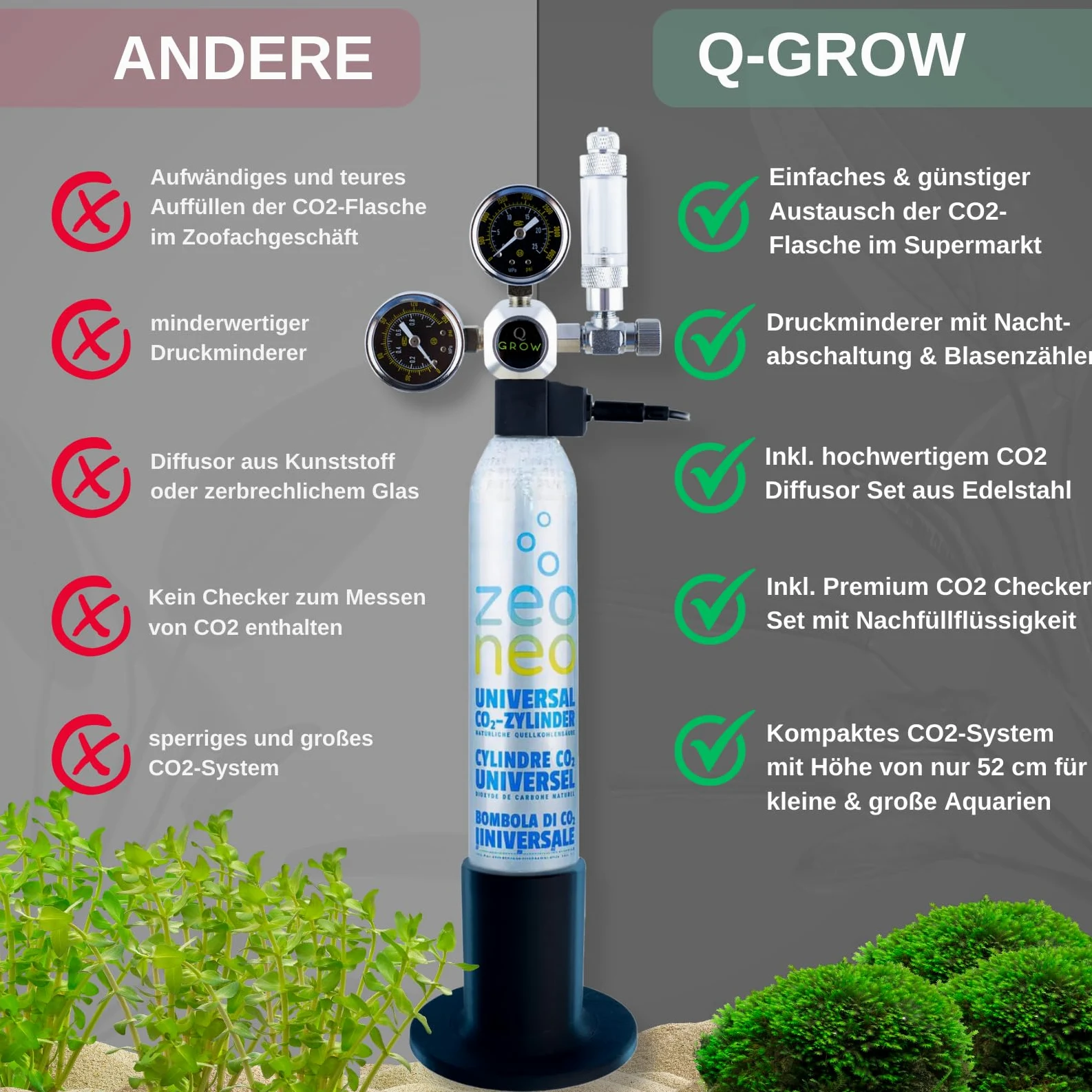 Q-Grow CO2 System Aquarium kompletny zestaw dyfuzor stali nierdzewnej regulator ciśnienia butelka CO2 425 g do 500 l
