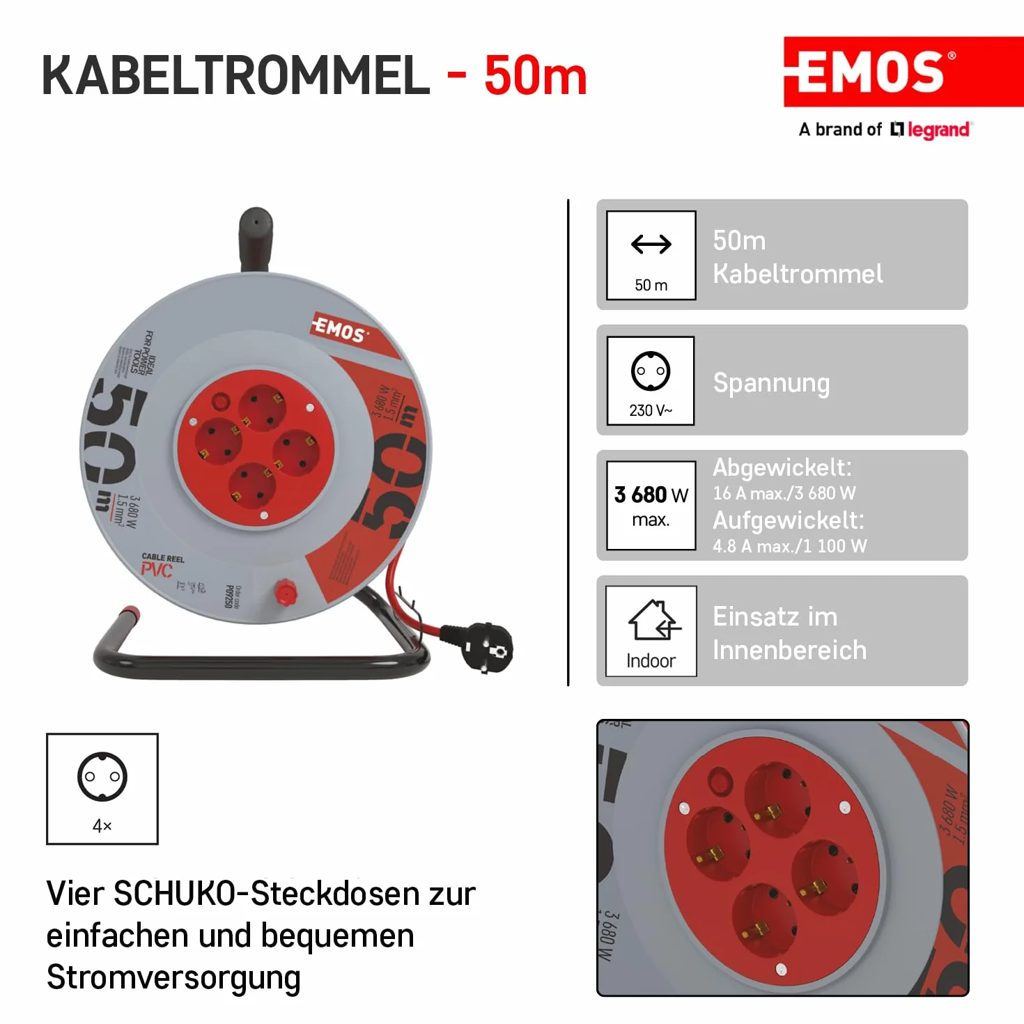 EMOS - Bęben kablowy 50 m – 4 gniazda Schuko – 230 V, 16 A, 3680 W – wysokiej jakości izolacja PCW – H05VV-F3G 1,5 mm² – zabezpieczenie przed przegrzaniem – IP20 do użytku wewnątrz pomieszczeń