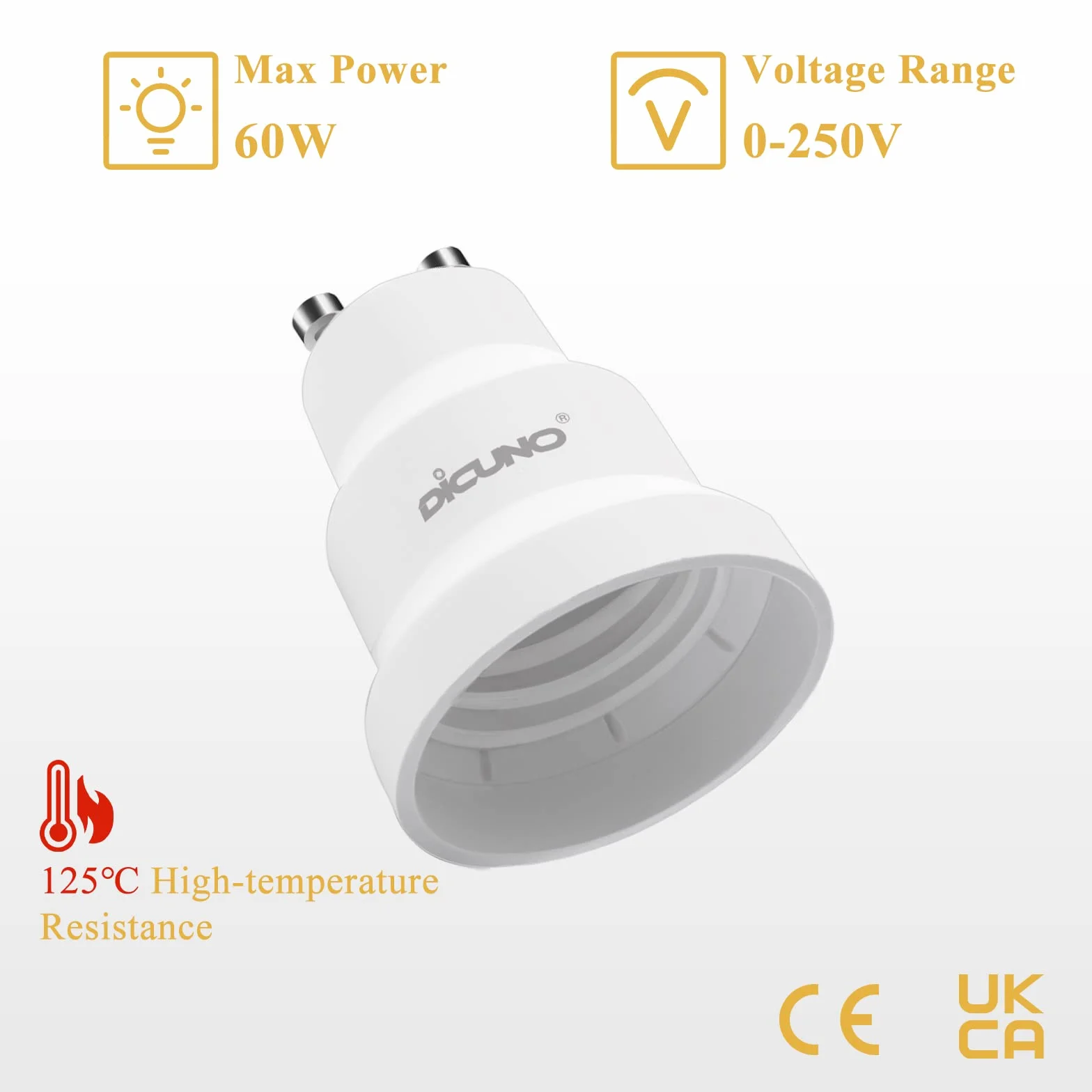 DiCUNO GU10 do E27 adapter gwintu lampy, konwerter GU10 do E27 do lampy LED/żaru/halogenu/CFL, 60 W, 250 V, maks. odporność na ciepło 125°, 6 sztuk