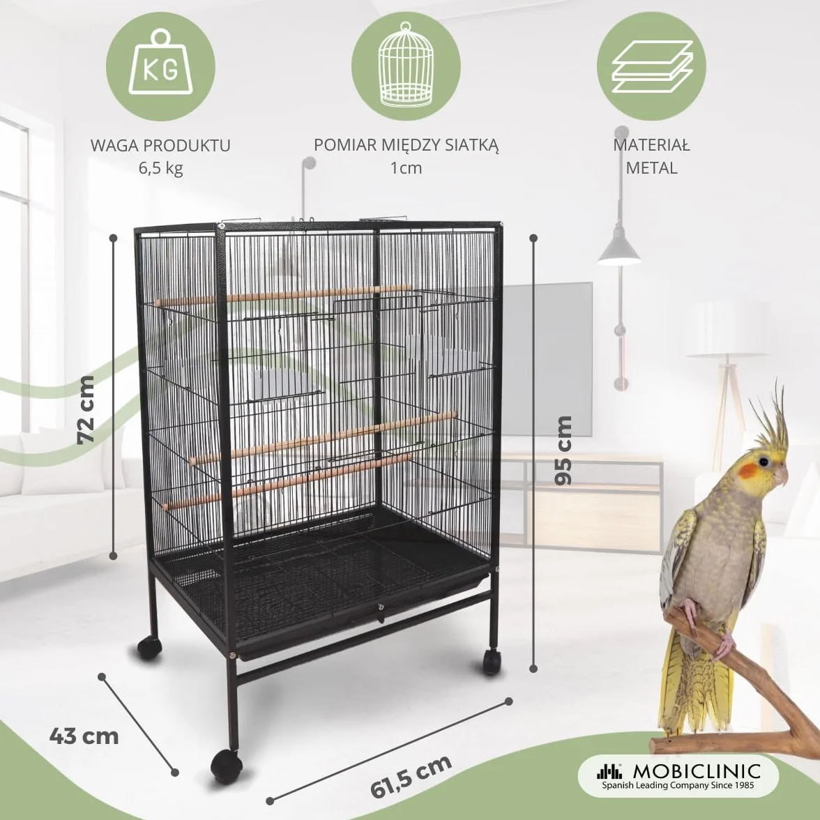 Mobiclinic® pets, Klatka dla ptaków, Nymph, Kółka transportowe, Hamulce, Otwieranie od góry, Wyjmowana taca, 8 drzwiczek, Duż rozmiar