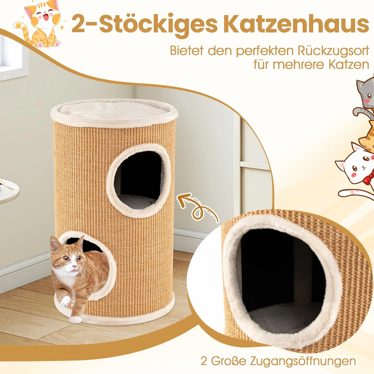 COSTWAY Drapak dla kotów z sizalową deską, 4-poziomowy, Ø 36 cm, 59,5 cm, 3 jaskinie, pluszowe legowisko