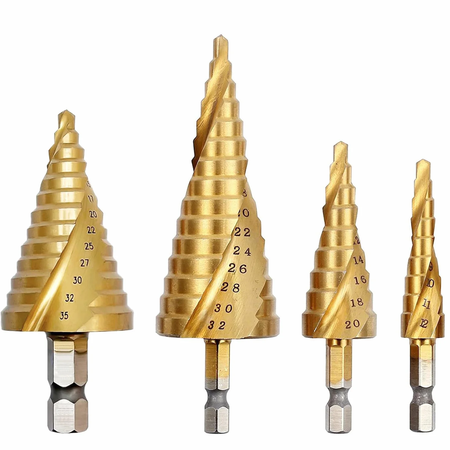 Aohoo Zestaw Wierteł Stopniowych 4 sztuki Ø 4-32mm 4-20mm 4-12mm 5-35mm Stal Nierdzewna