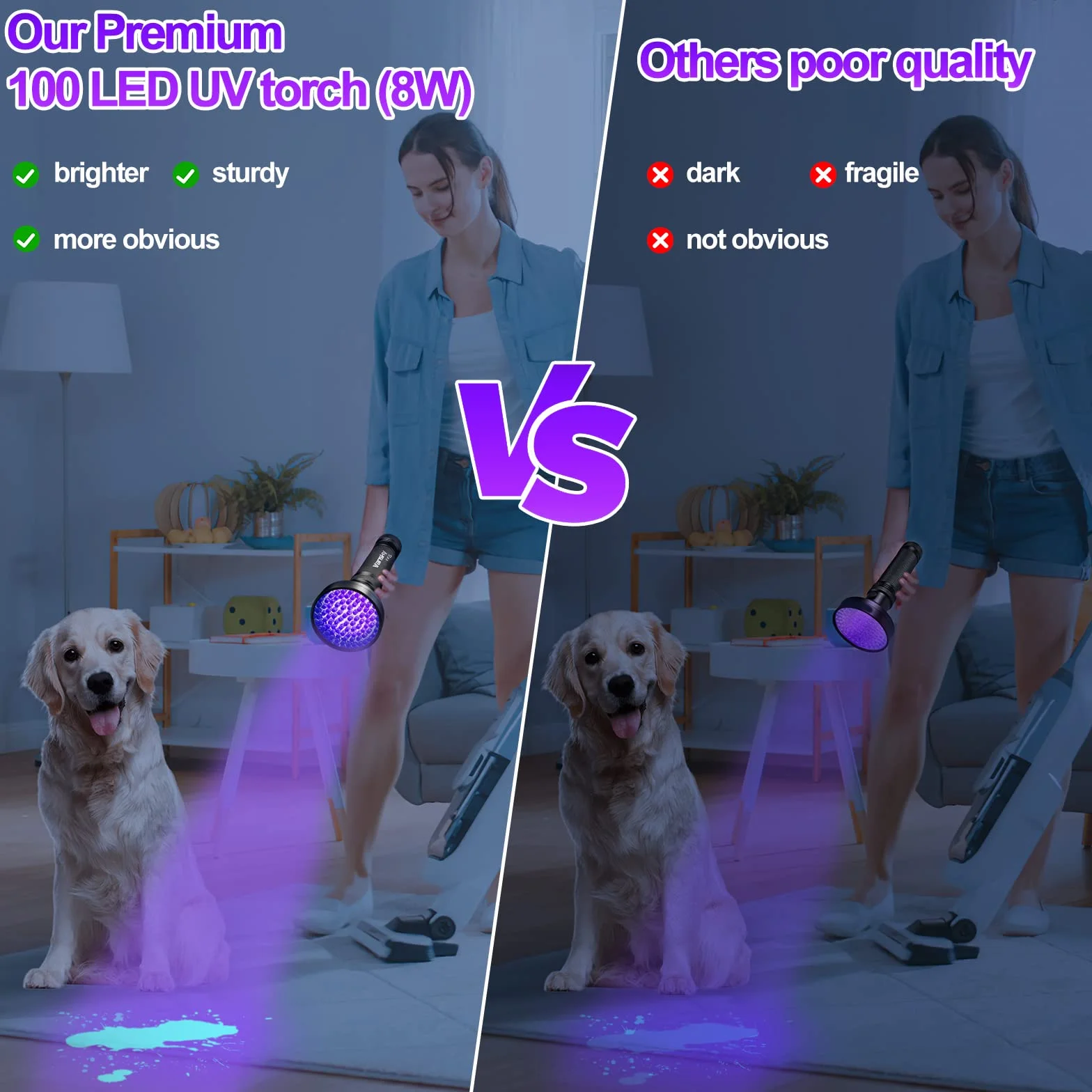 Vansky Lampka UV, czarne światło, 100 LED UV, latarka 395 nm, niebieskie światło, suche, koty, psy, zwierzęta domowe, detektor moczu