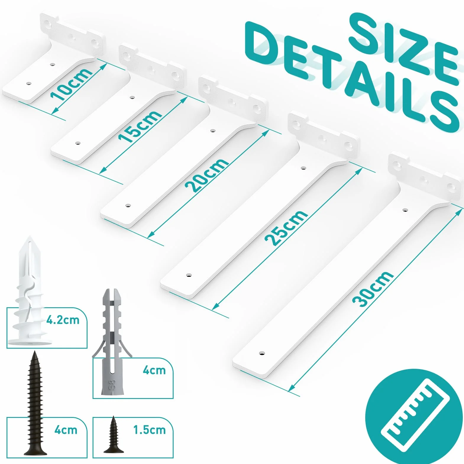 Yeabett uchwytów do półek, wsporniki regału metalowe z wkrętami, nośność 70 kg, 15cm-6szt, Biały