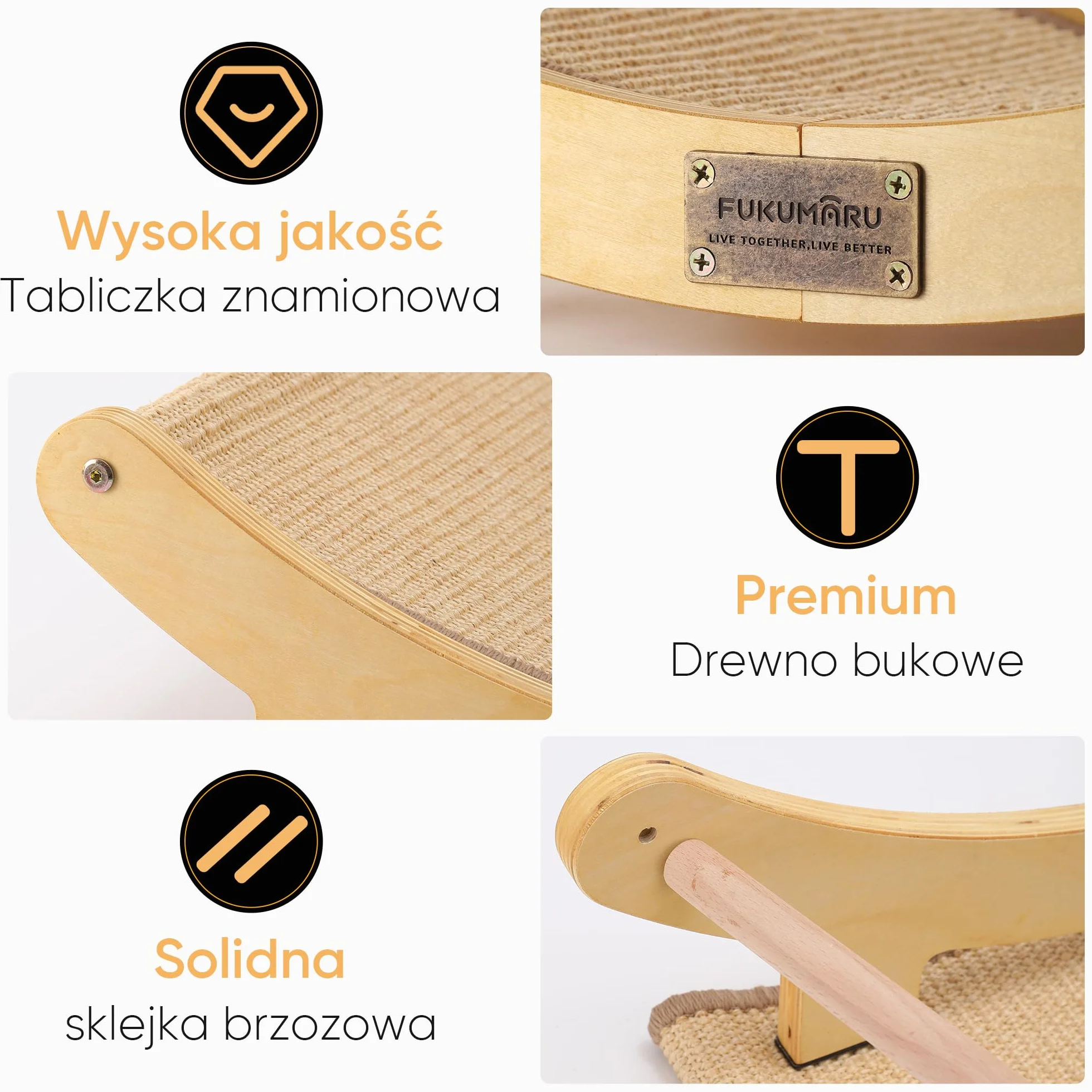 FUKUMARU Legowisko do drapania dla kota, 60 cm Trwałe łóżko do drapania dla kotów do użytku wewnętrznego, 100% naturalny hamak sizalowy, rama z litego drewna do spania i ozdabiania paznokci (beżowy)