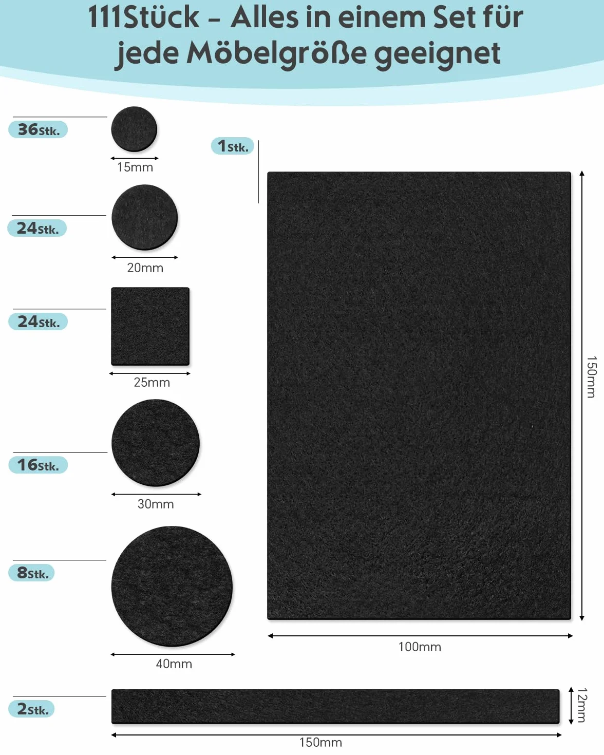 Podkładki filcowe samoprzylepne czarne 111 sztuk 5 mm do krzeseł i mebli ochrona przed zadrapaniami
