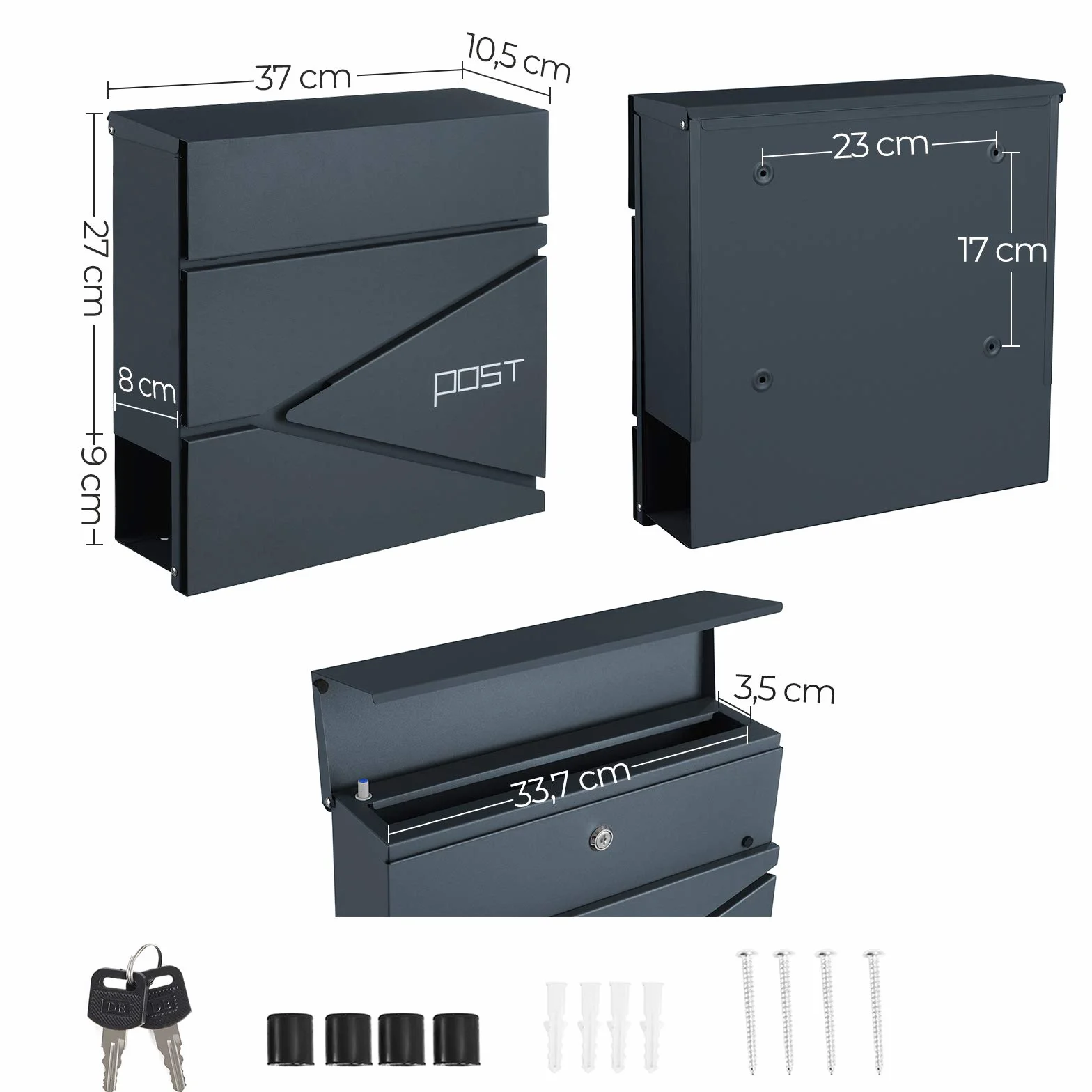 SONGMICS Skrzynka na listy, montaż ścienny, z uchwytem na gazety, klucze, nowoczesny design, szary antracyt GMB051G02