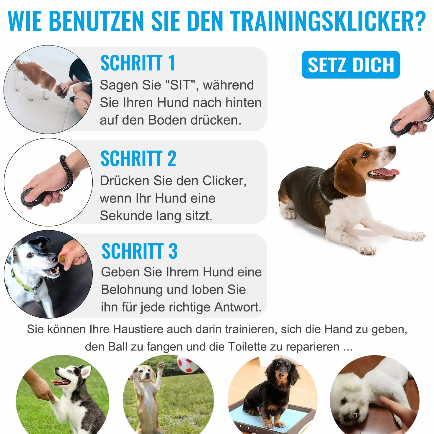 Diyife Clicker Clicker dla Psów, z Elastycznym Paskiem i Dużym Guzikiem, Profesjonalny Clicker Treningowy dla Kotów, Psów, Koni [3-pak, Czarny + Niebieski + Biały]