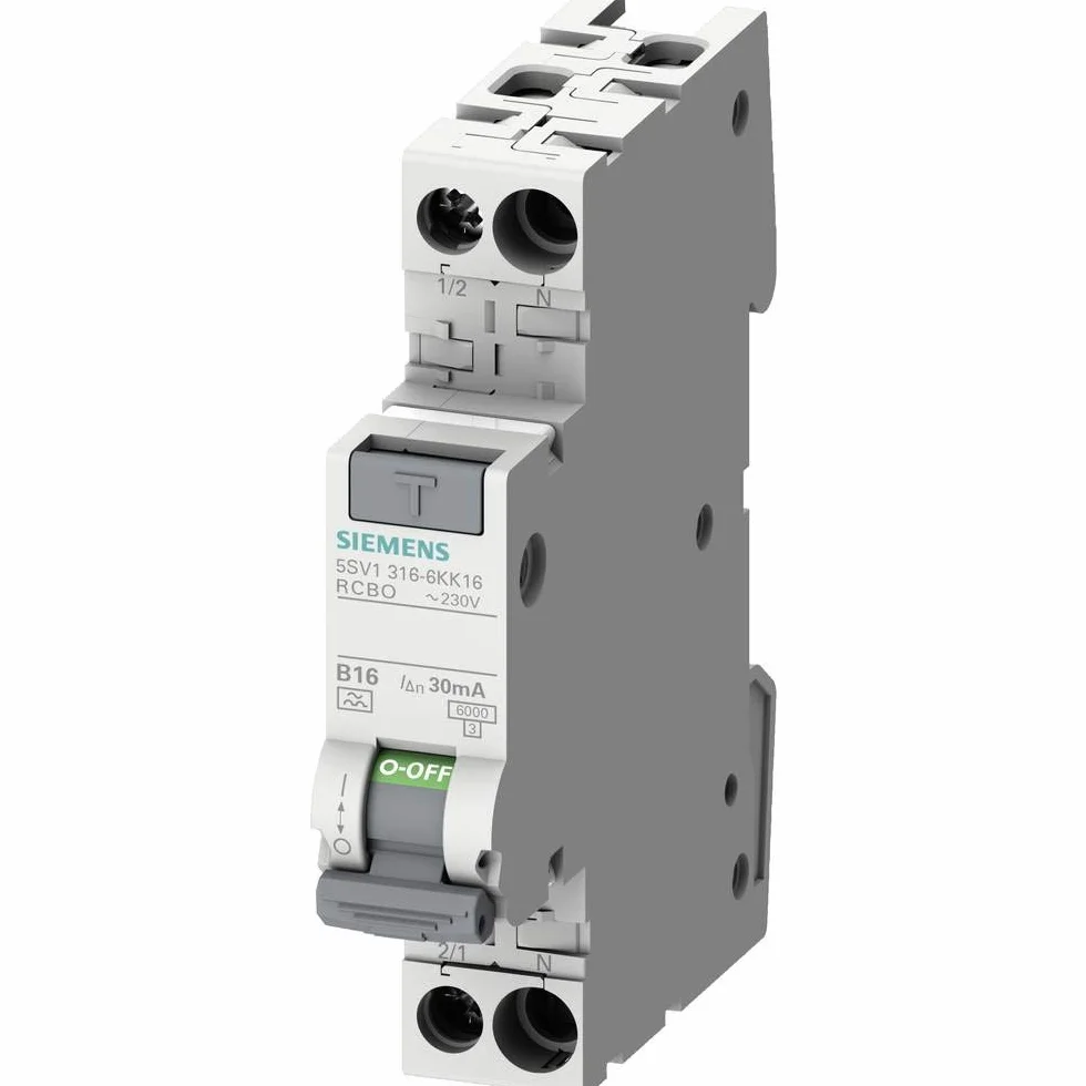 Siemens 5SV13166K16 FI/LS kompaktowy RCBO 1P+N 6 kA typ A 30mA B16 230 V, zabezpieczenie przed prądem różnicowym i przeciążeniem w 1TE (50% oszczędności miejsca)