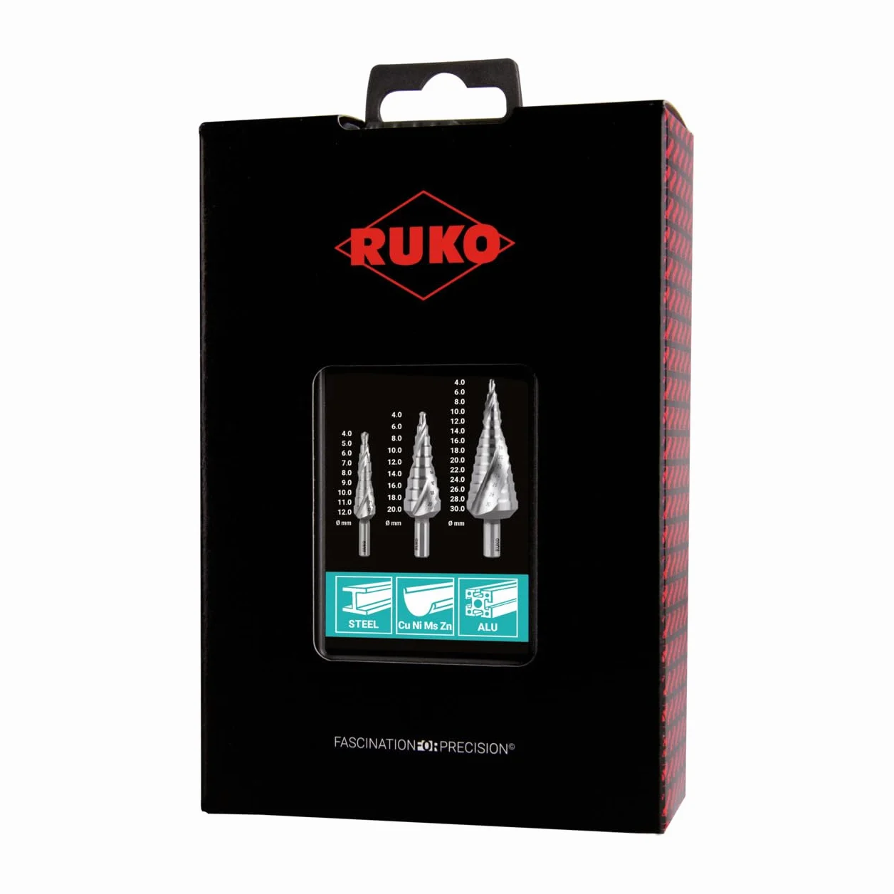 RUKO 101026RO Zestaw Wierteł Stopniowych HSS – Spiralne, FLOWSTEP Technologia, Kontrolowane Wiercenie, 3-częściowy