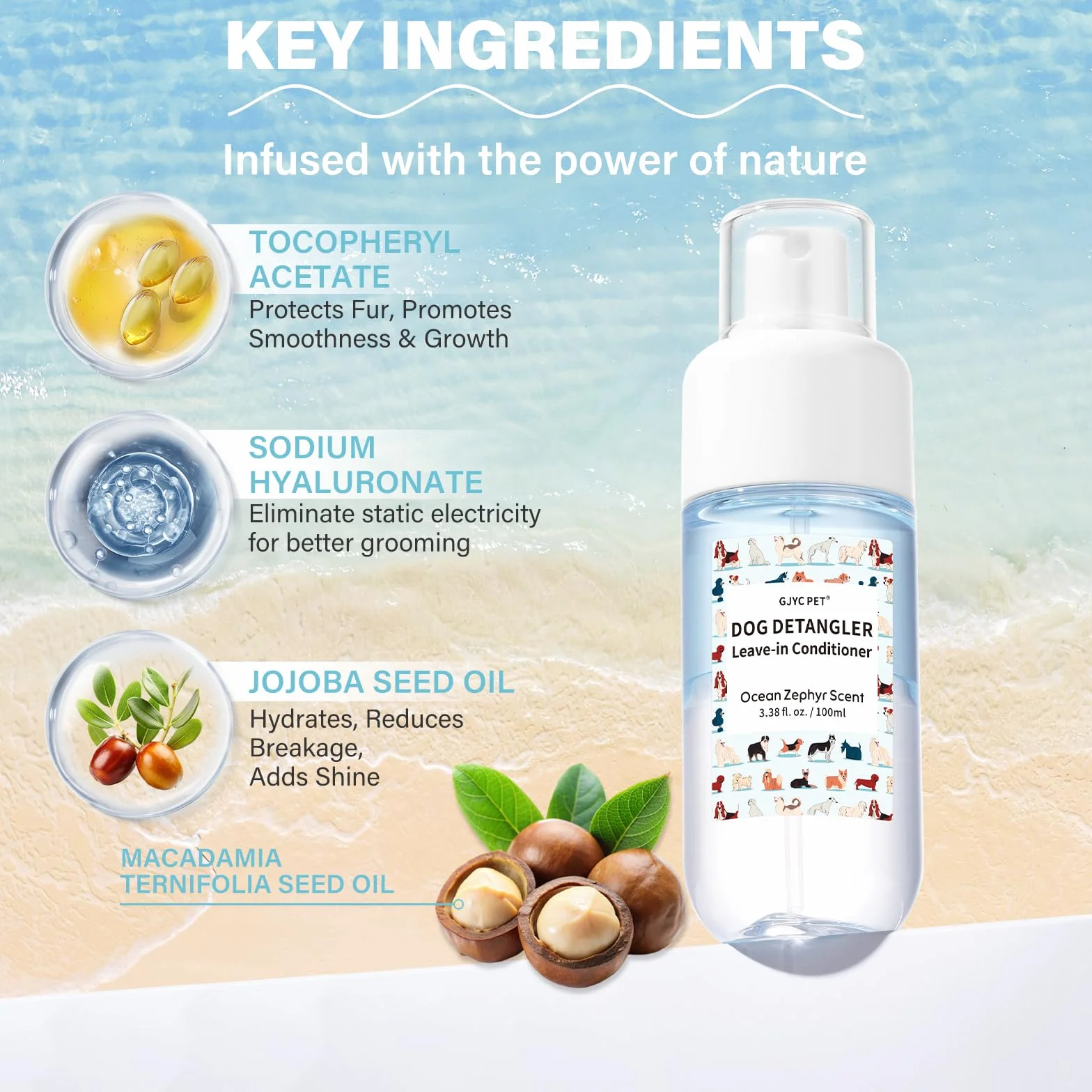 Spray do rozplątywania psów, Leave in Conditioner & Pielęgnacja sierści, spray dla psów, zapach morskiej bryzy – profesjonalna formuła pielęgnacji z olejkiem jojoba do prostej, nieplączącej