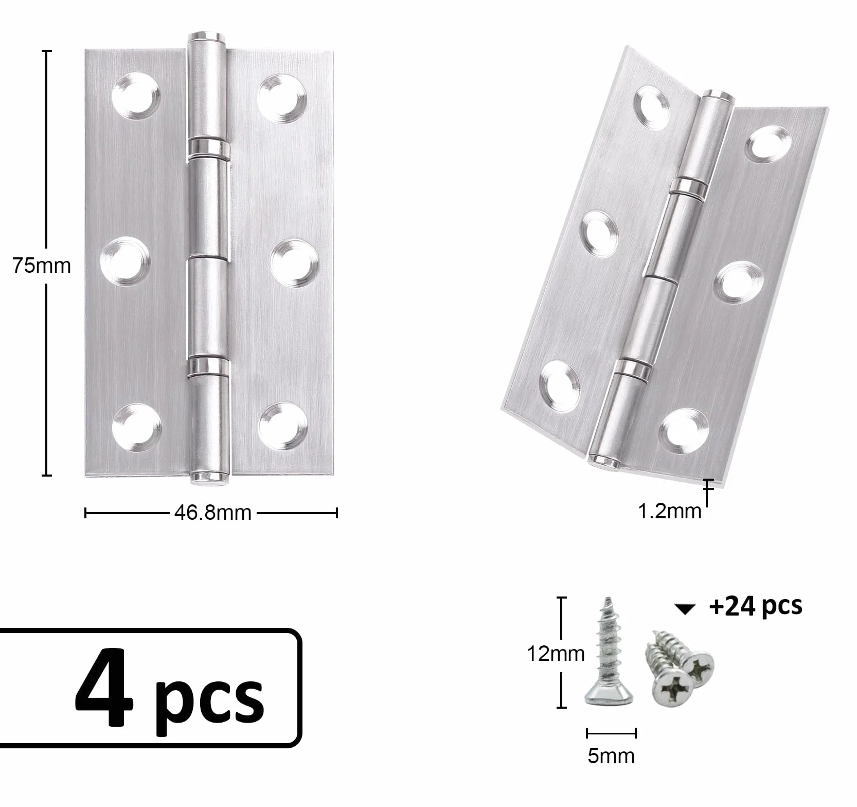 Anstore 4 zawiasy ze stali nierdzewnej, składane, 75 x 46,8 mm, zawiasy drzwiowe ze stali nierdzewnej, do dużych obciążeń, zawiasy fortepianowe, zawiasy do drzwi, okien, szafek, z 24 śrubami